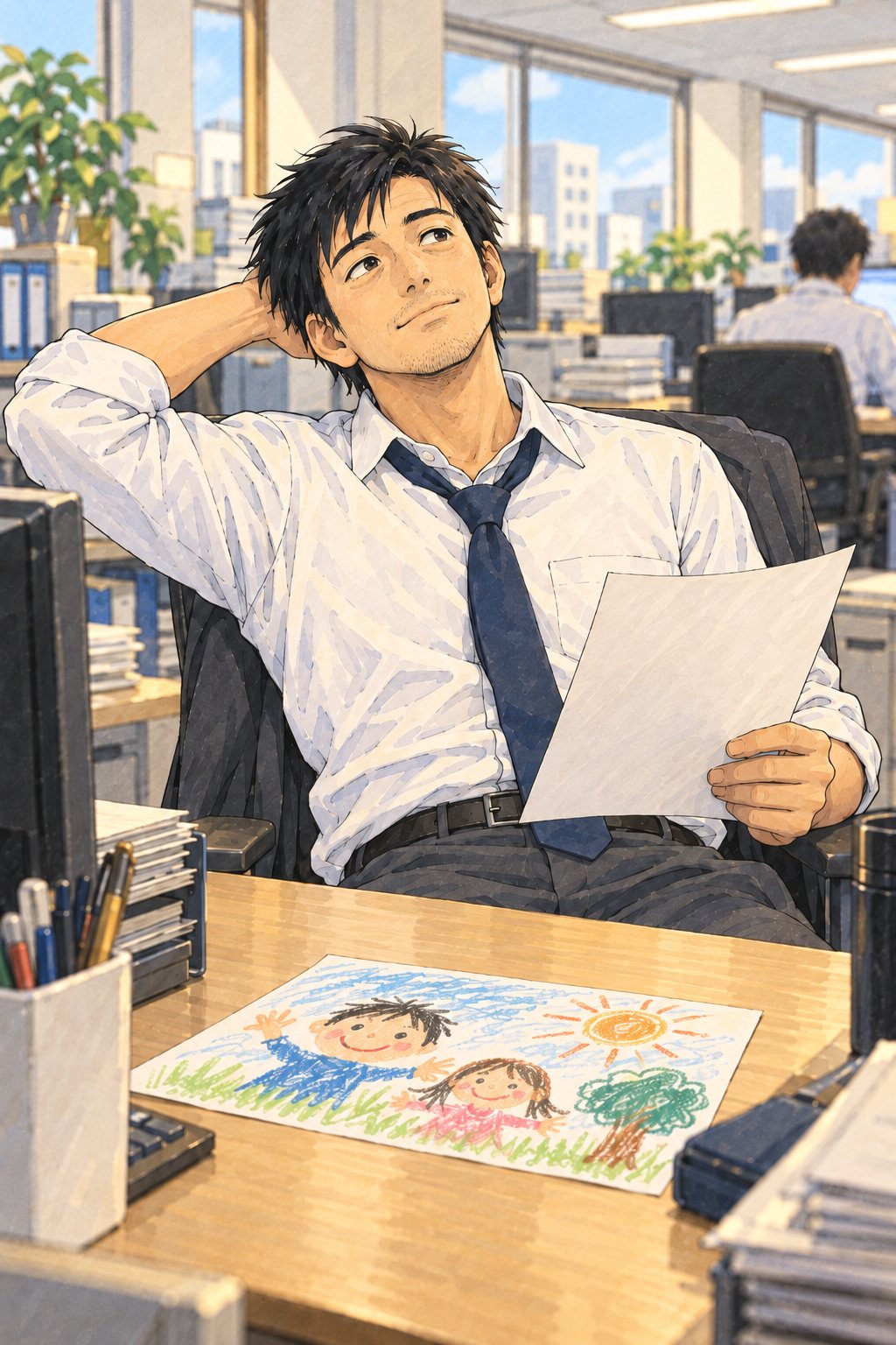 自分の机に戻って、紙を持ったまま天井を見上げる30代の男性。机の上に、子どもの描いたクレヨンの絵。