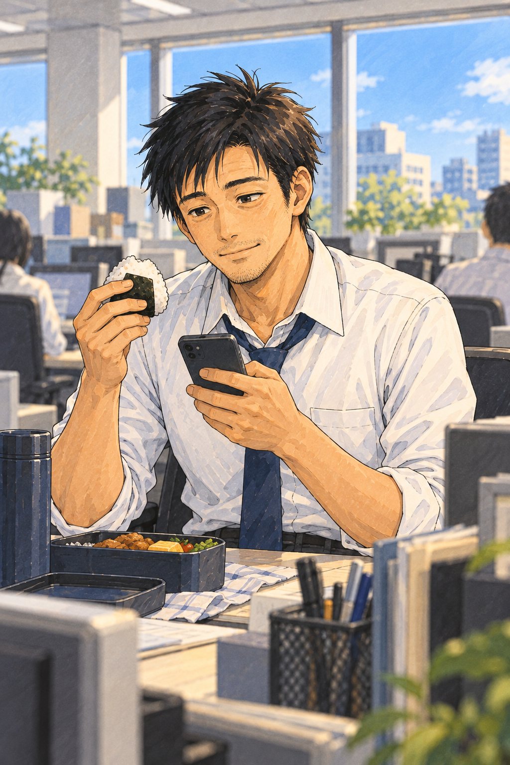 昼休みの机。おにぎりを片手に、もう片方の手の親指でスマホに入力する30代の男性。