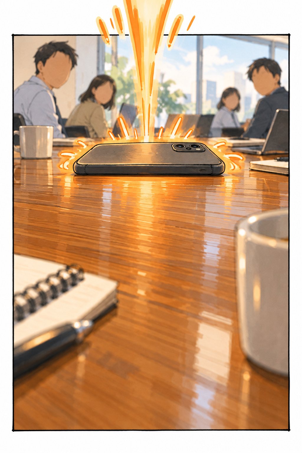 会議室の机の上で、伏せて置いたスマホが震えている。橙の光と震えの線が、絵の枠の上の線を越えて外へはみ出している。奥に、こちらを見る会議の出席者たちのぼやけた顔。