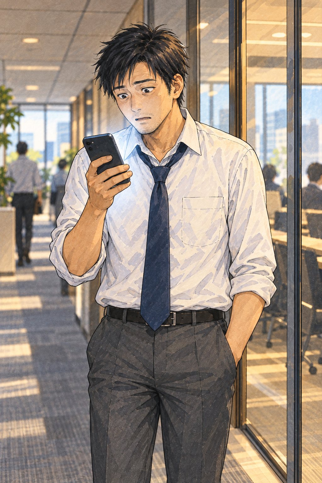 会議室の外の廊下。スマホの画面を見て、あぜんとする30代の男性。画面の光が顔を照らしている。
