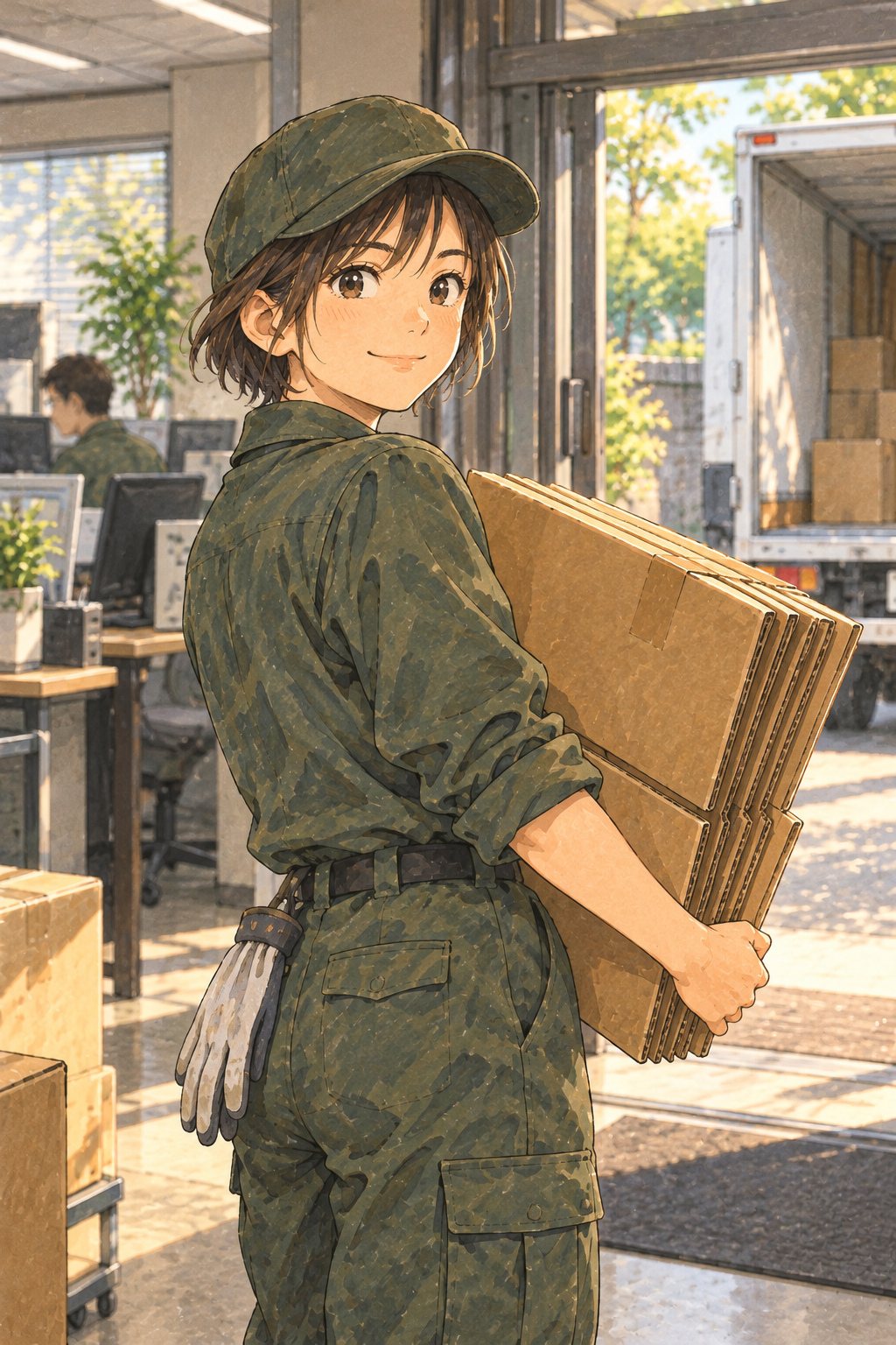 事務所の入口。作業着で段ボールの束を抱えた20代の女性が、男性の営業のほうを振り向く。外にトラックの荷台が見える。