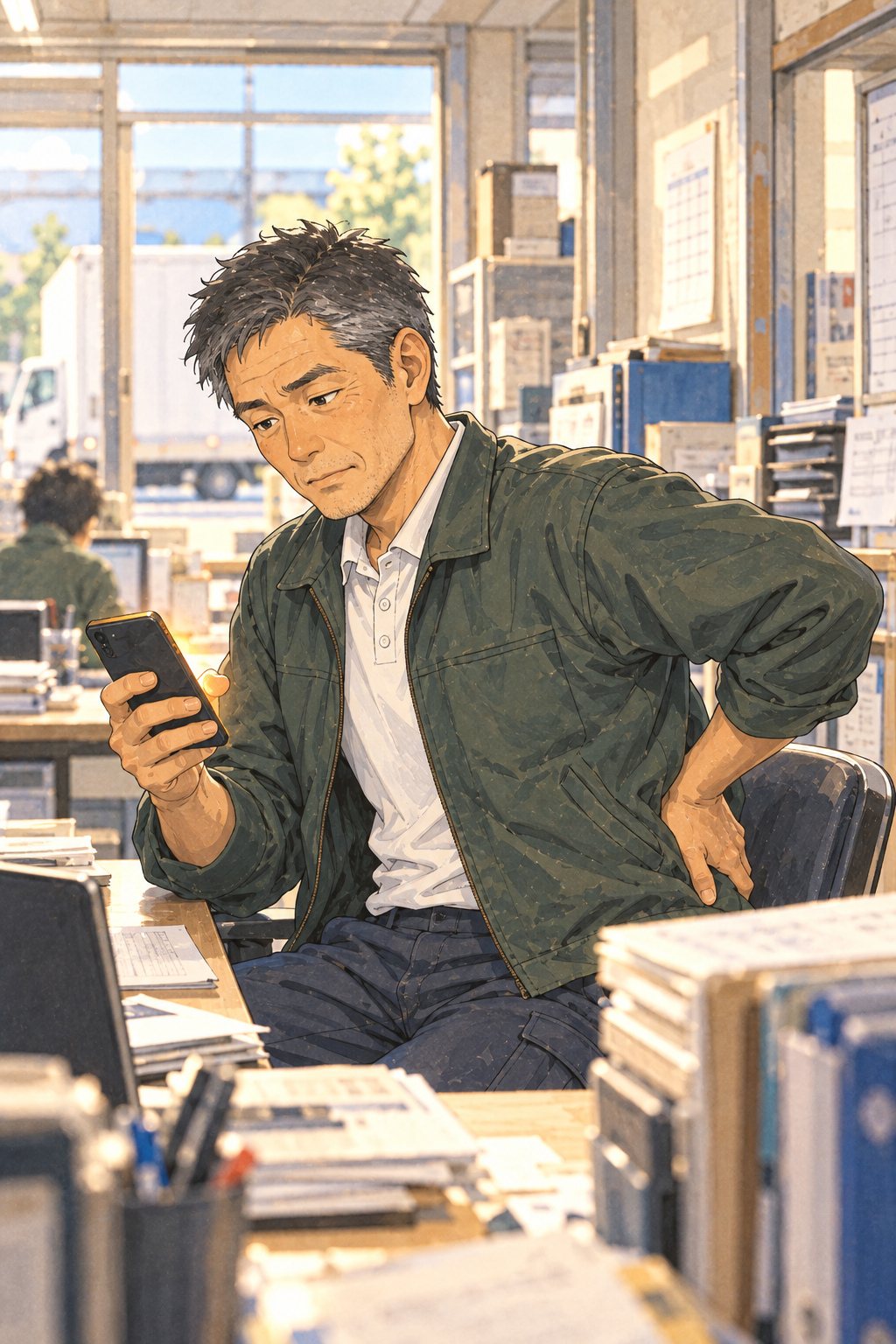 事務所の机。スマホを持ったまま、発信のボタンの上で親指を止める40代の男性の営業。もう片方の手を腰に当てている。