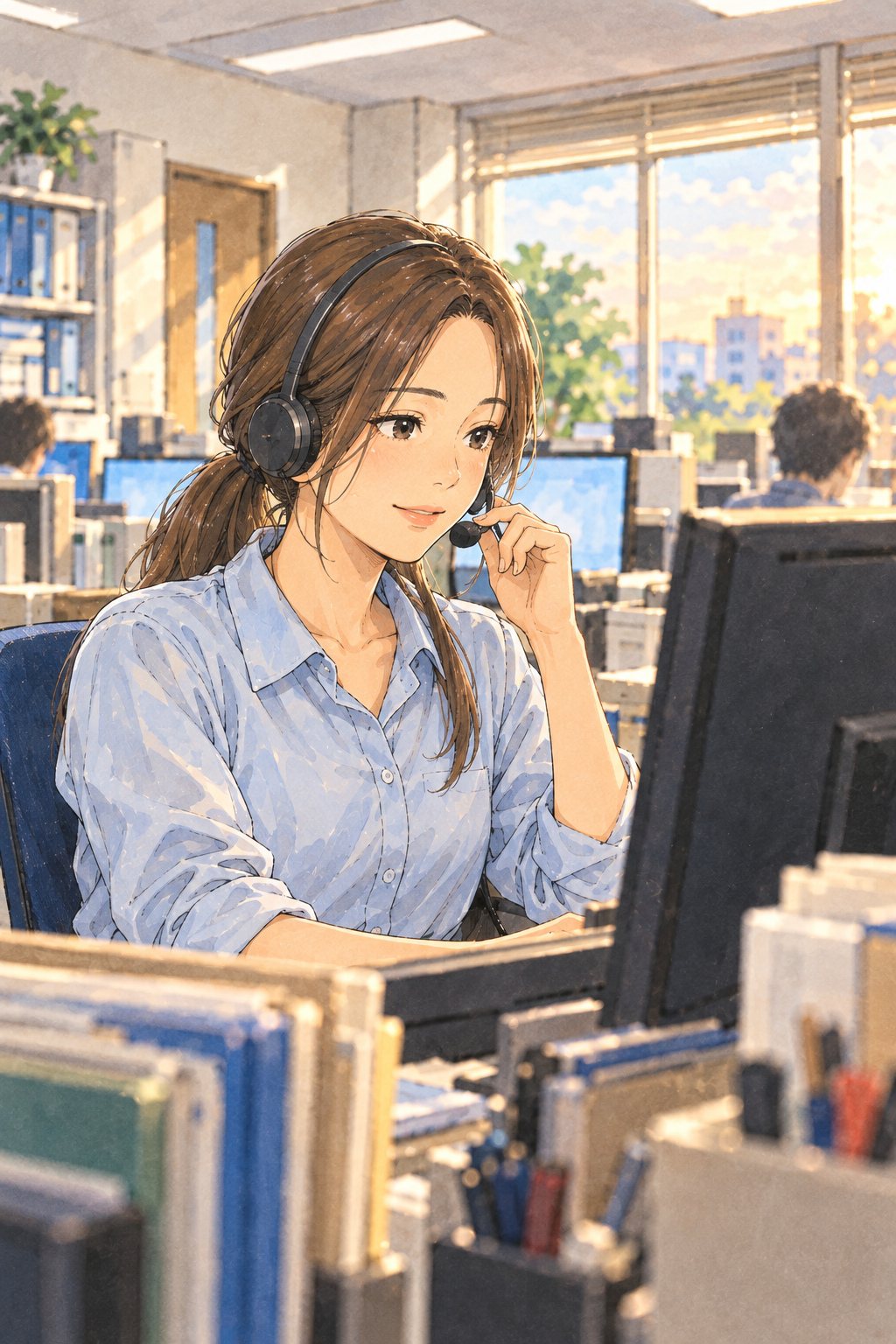 白い蛍光灯の窓口の部屋。ヘッドセットで電話を受けながら、画面を見る長い髪を低く結んだ女性。