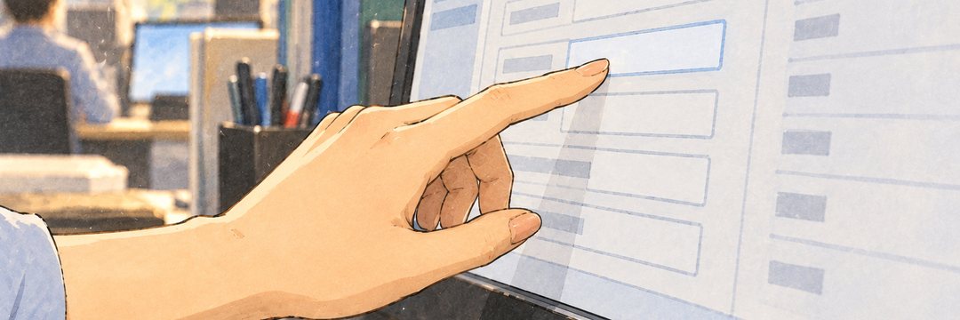細い横の帯の寄り。画面の申込みの1つの欄に置かれた、女性の指先。
