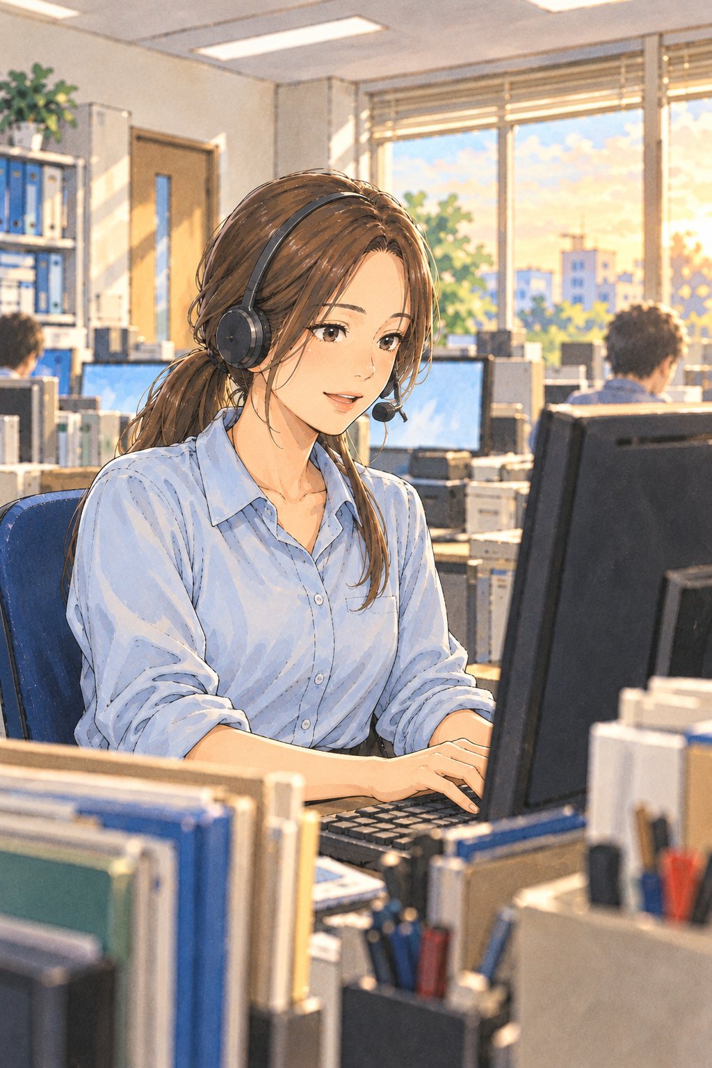 窓口の机で、ヘッドセットの女性がキーボードに手をのせ、画面を見ながら受話器の向こうへ穏やかに話している。