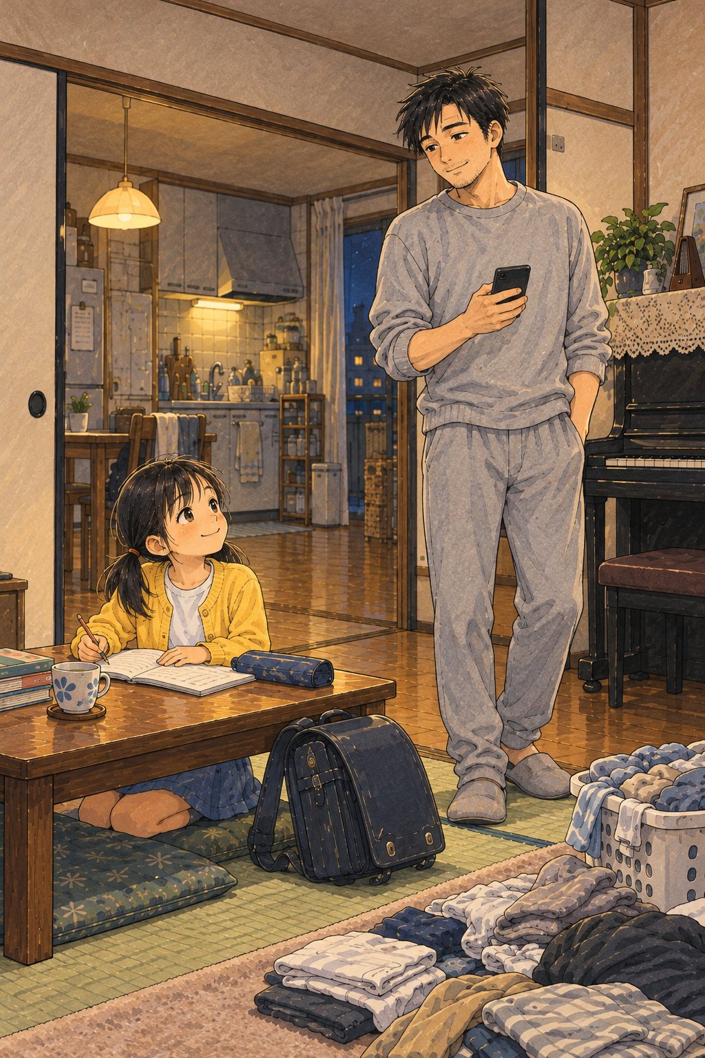 夜の2DKの部屋。床に洗濯物の山と、たたんでいない服。低い机でランドセルを横に置き宿題をする小学生の女の子が、立ったままスマホを持つ父親を見上げている。部屋の隅に、小さなアップライトピアノ。