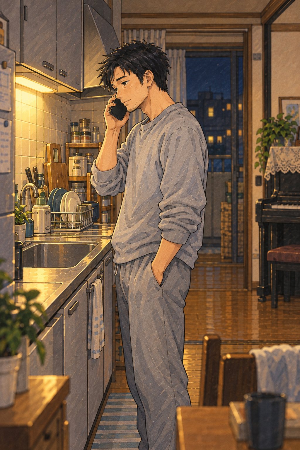 夜の台所。流しの前で、スマホを耳に当てて留守電を聞く30代の男性。