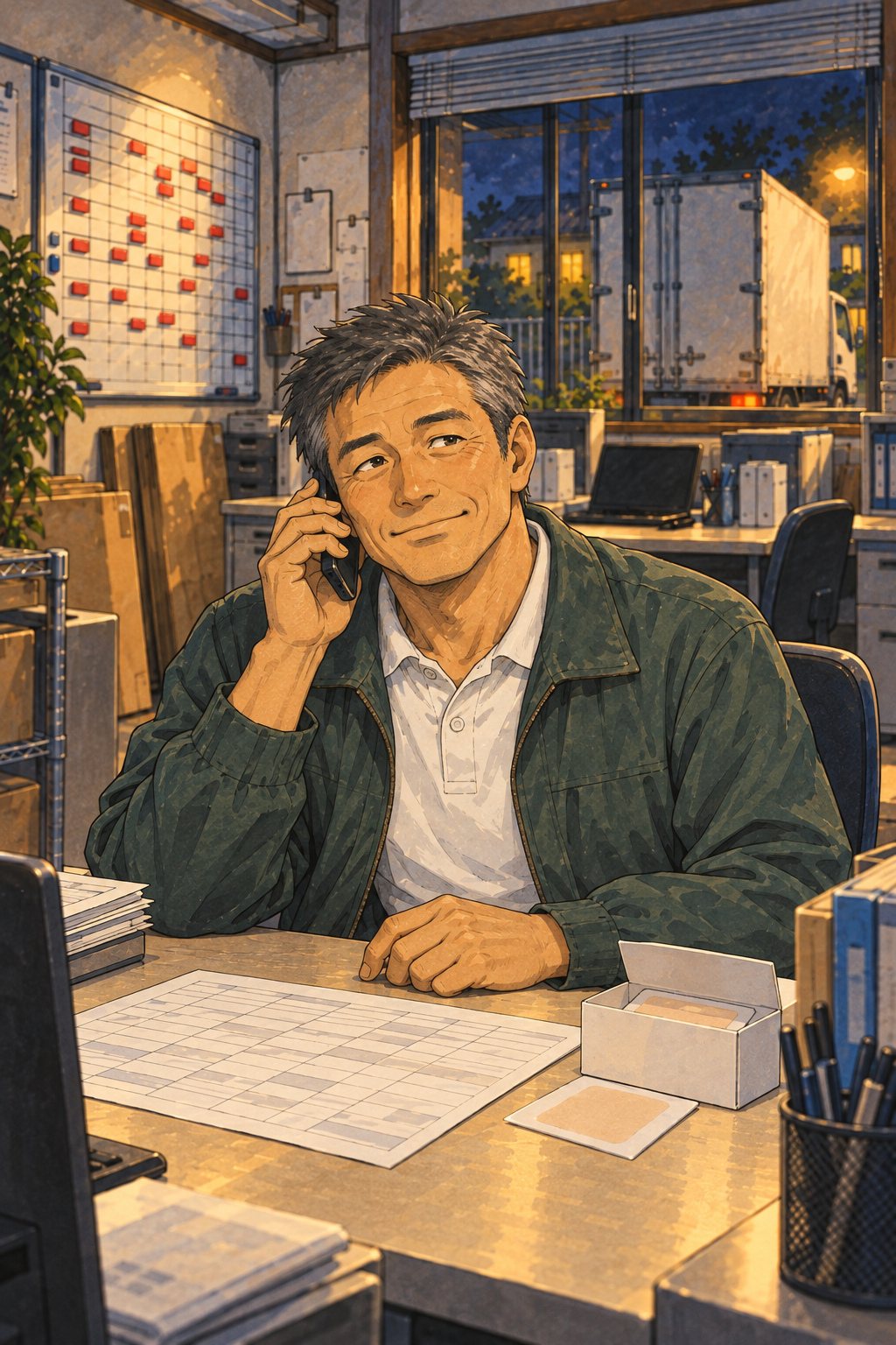 明かりの半分消えた夜の事務所。机でスマホに話しかける40代の男性の営業。机の上に、トラックの予定の表の写しと、腰に当てる湿布の箱。