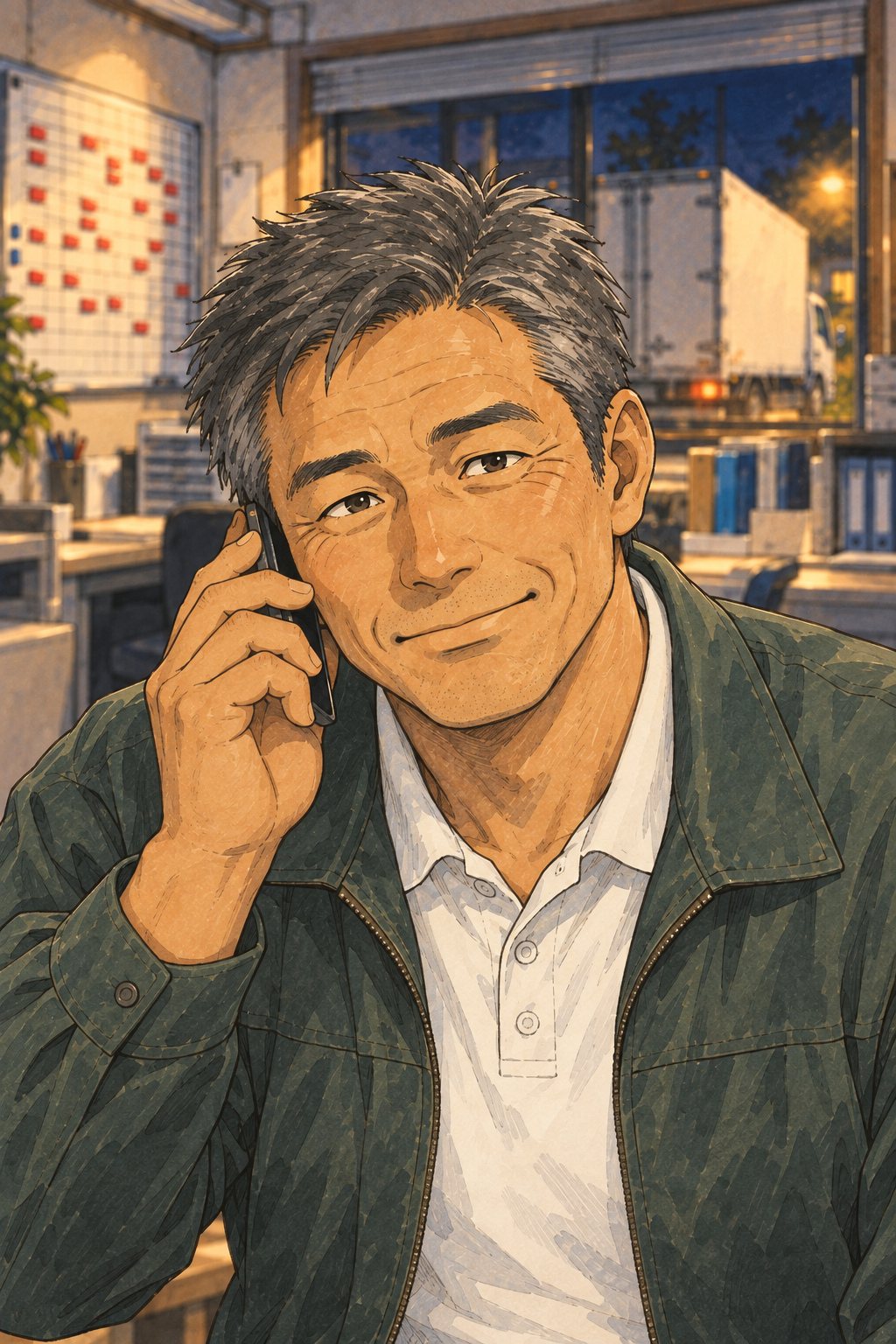夜の事務所。スマホを耳に当てたまま、まっすぐ前を見て頭を下げかける40代の男性の営業の寄り。