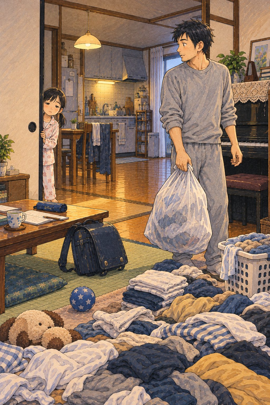 朝の2DKの部屋。洗濯物の山の前で、ごみ袋を片手に立ちつくす30代の男性。奥のふすまから、寝ぼけた小学生の女の子が顔を出している。