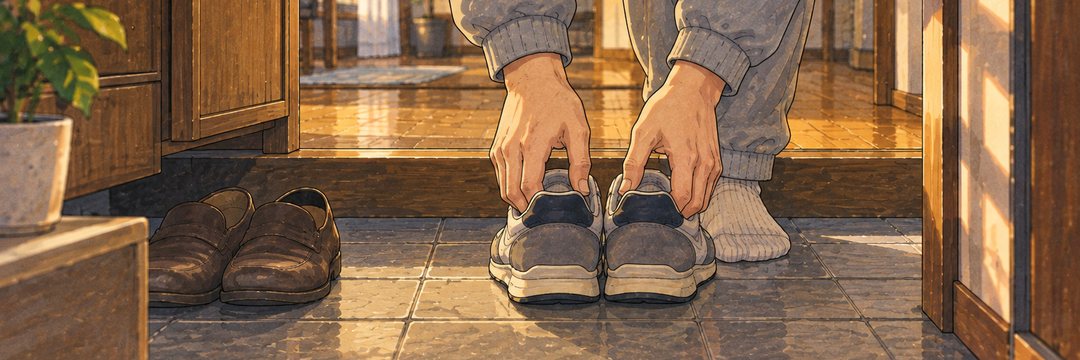 細い横の帯の寄り。玄関で、脱いだ靴のかかとをそろえる男性の手。