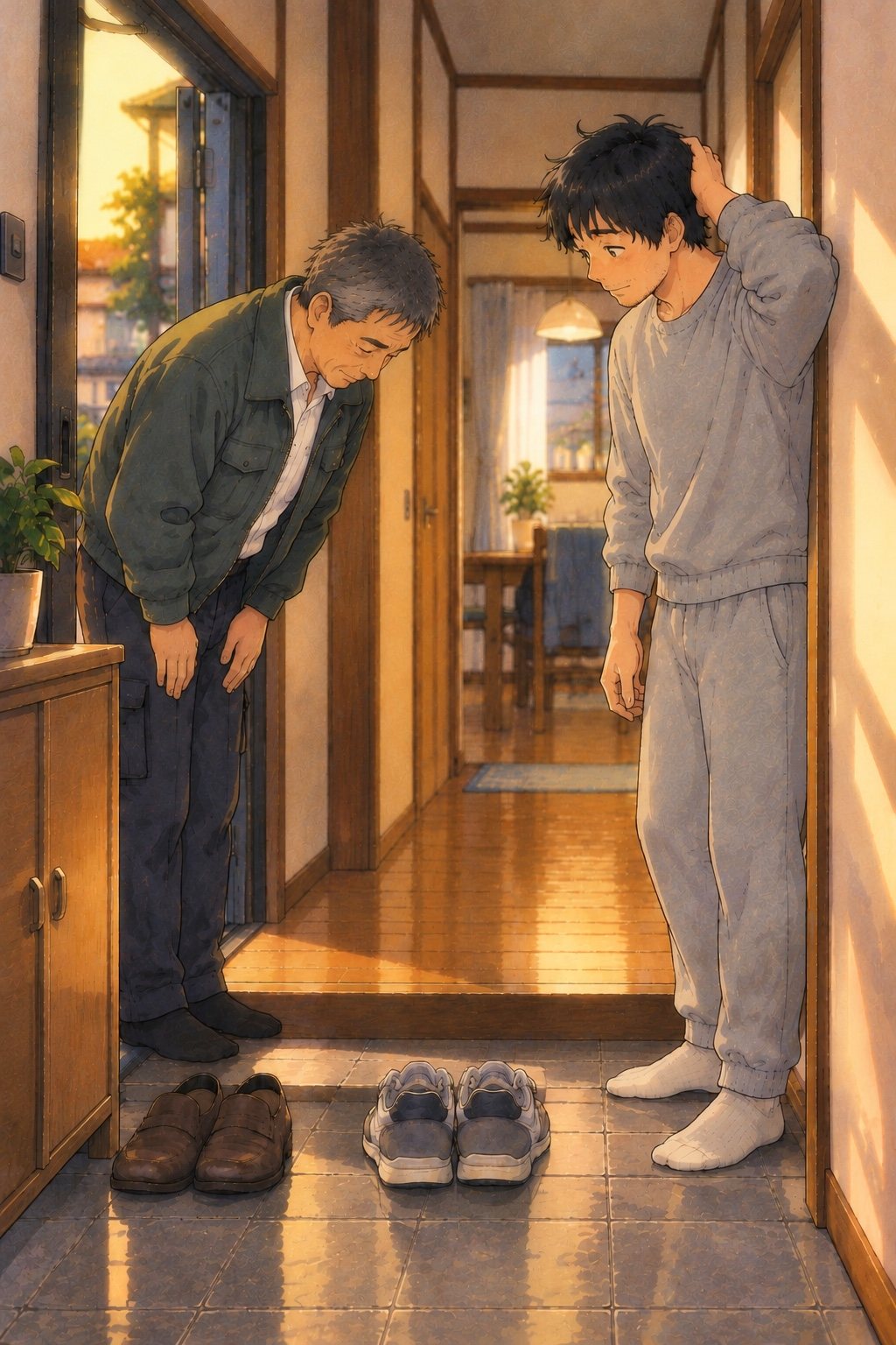 狭い玄関。作業着の上着の40代の男性の営業が、上がりかまちで頭を下げる。その前で、寝ぐせのまま頭をかく30代の男性。