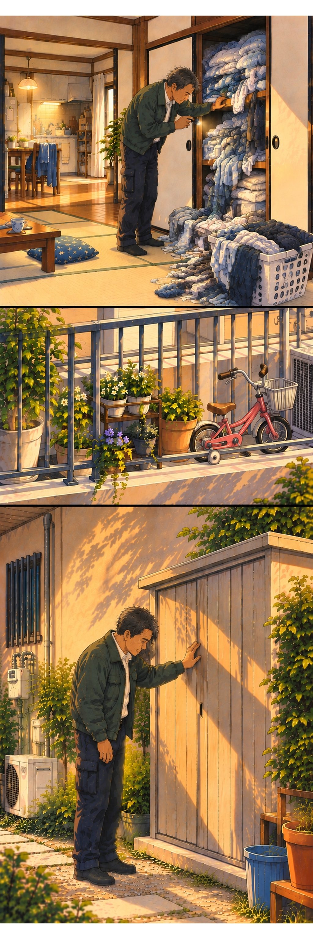 縦に長い絵。上に、ふすまを開けた押し入れの奥まで、懐中電灯で照らしてのぞく40代の男性の営業。真ん中に、ベランダの子ども用の自転車と、積まれた植木鉢。下に、アパートの外の小さな物置の扉に手をかける同じ男性。