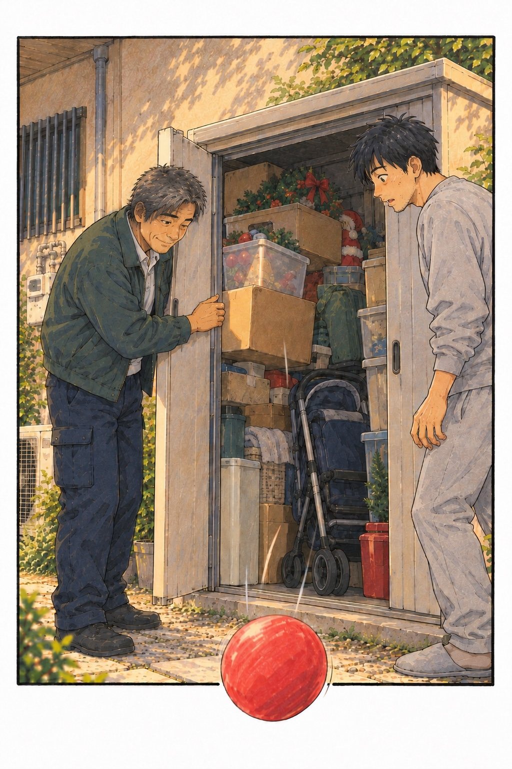 アパートの外の物置の扉を開けた40代の男性の営業。中には、季節の飾りの箱や古いベビーカーがぎっしり。いちばん上から転がり落ちたゴムのボールが、絵の枠の下の線を越えて手前へ飛び出している。