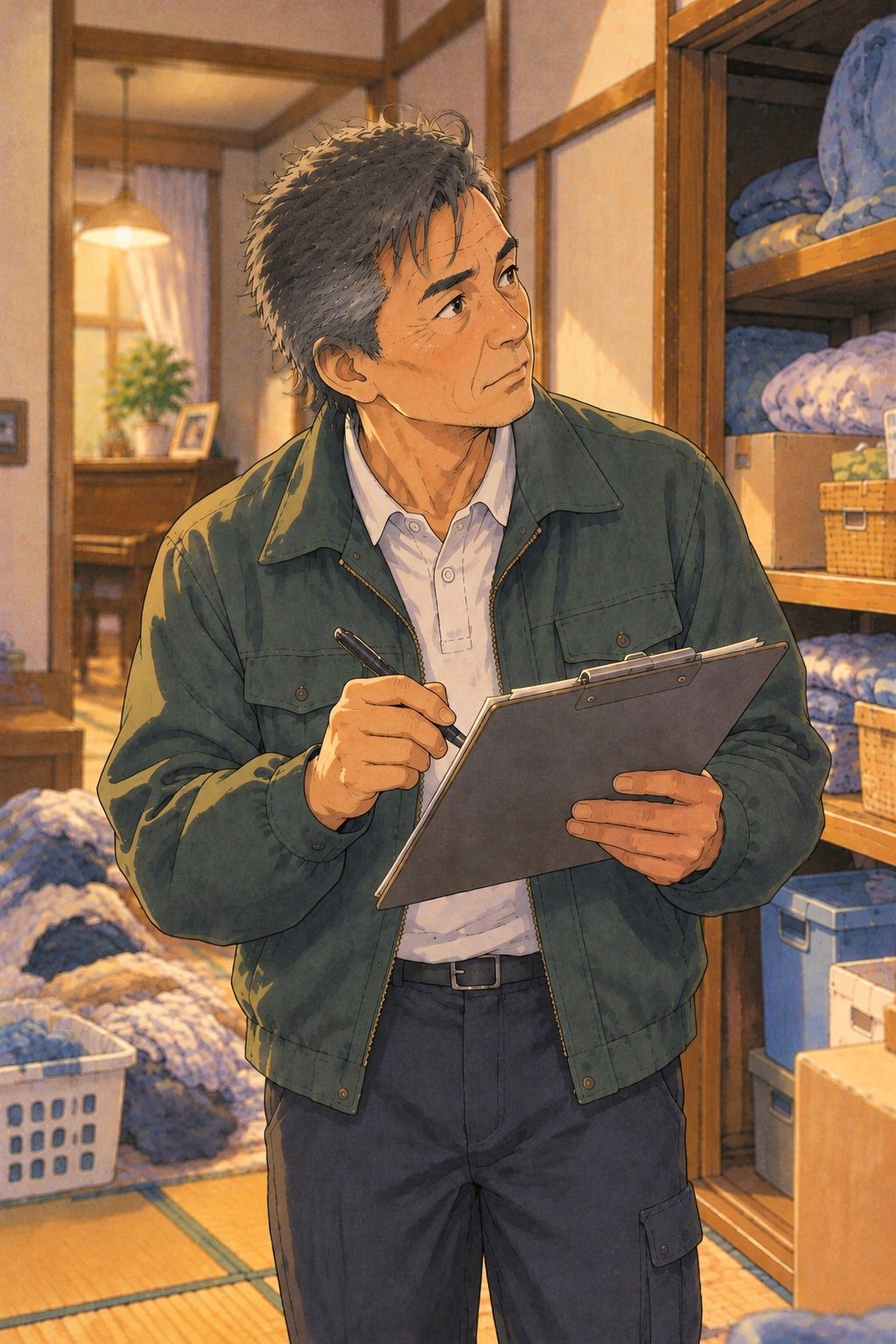 部屋の中で、クリップボードに書きこみながら、部屋を見回す40代の男性の営業の寄り。