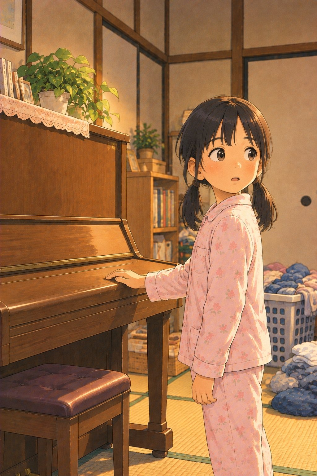 部屋の隅の小さなアップライトピアノの前で、ふたに手をのせて、こちらを見る小学生の女の子。