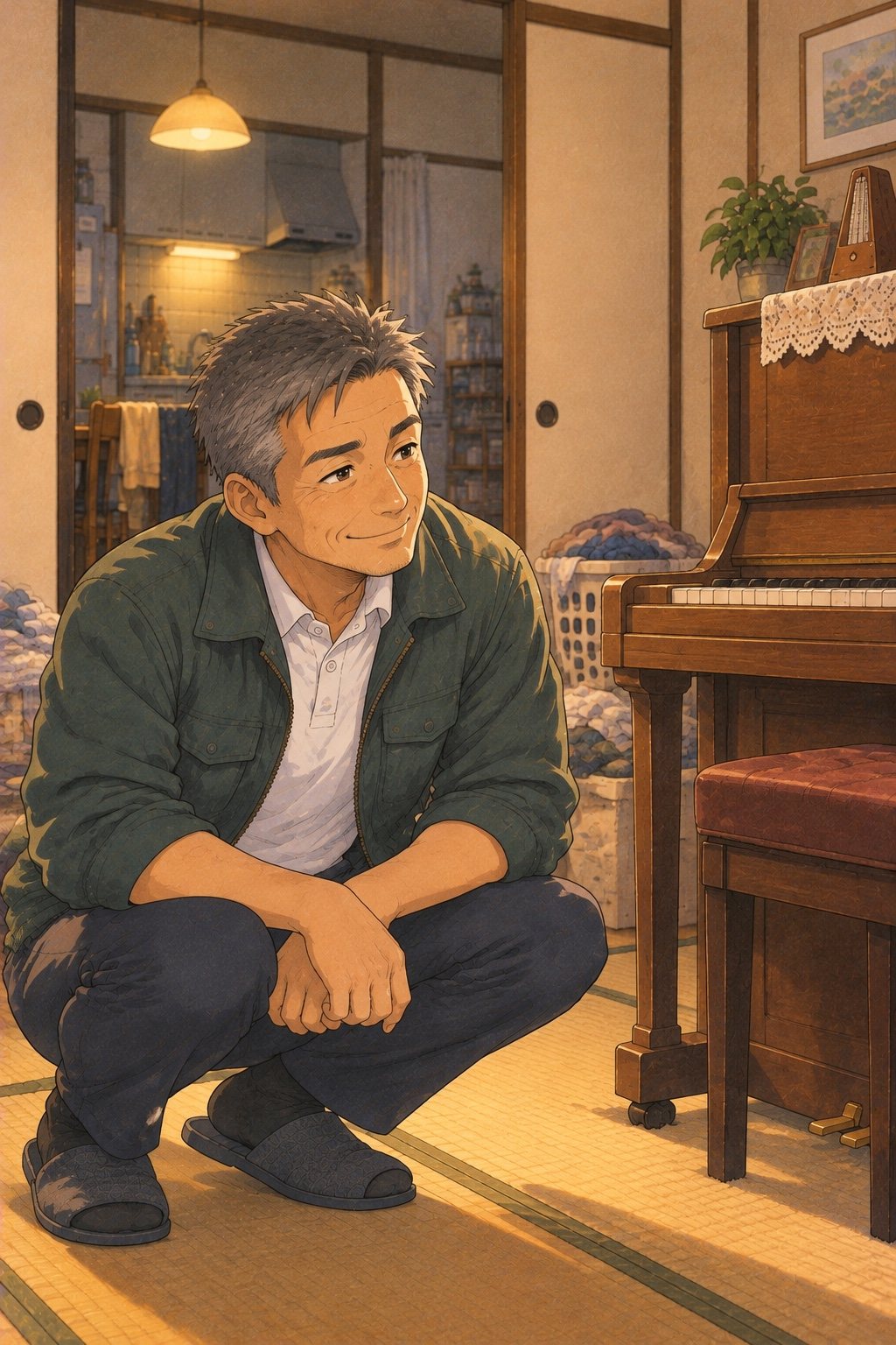 女の子の前にしゃがみ、目の高さを合わせて笑う40代の男性の営業。