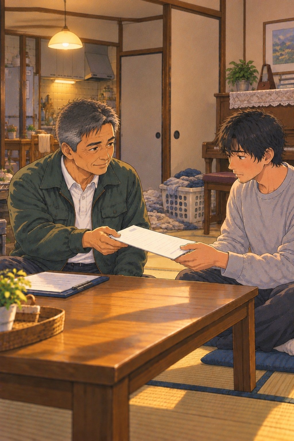 低い机をはさんで、見積書の下書きの紙を差し出す40代の男性の営業と、それを受け取る30代の男性。