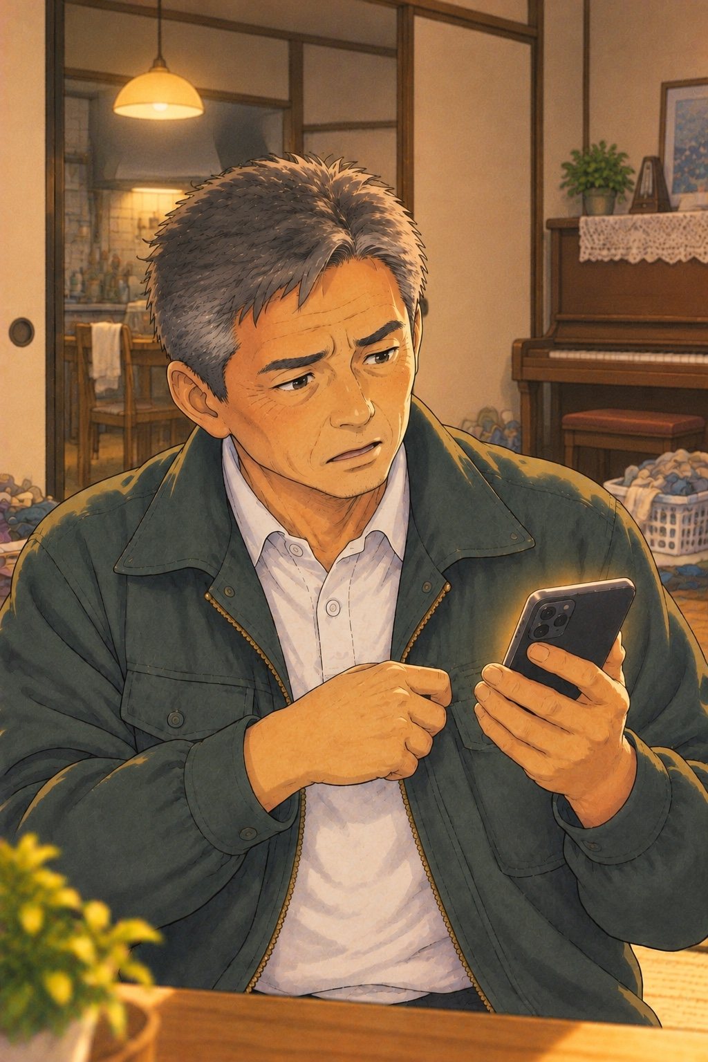 作業着の胸のポケットで震えるスマホを取り出し、画面を見て、顔がくもる40代の男性の営業。