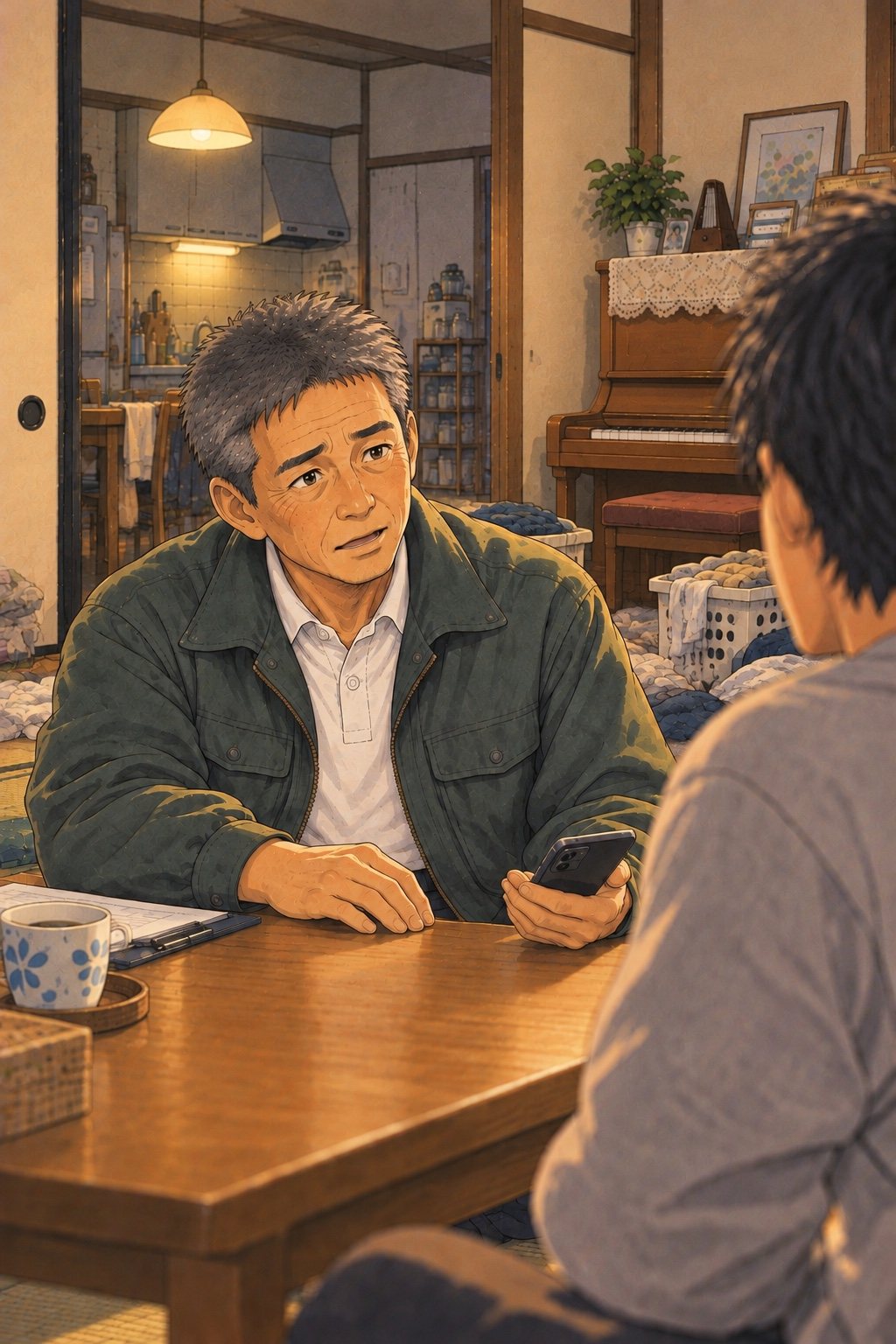 スマホを下ろし、30代の男性にまっすぐ向き直る40代の男性の営業の寄り。