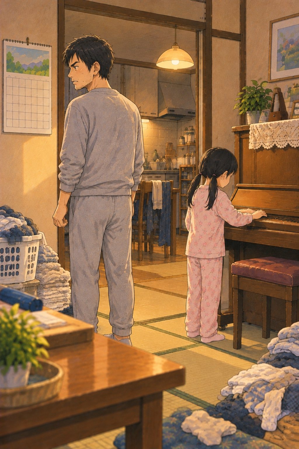 部屋の壁のカレンダーの3月の終わりを見つめる30代の男性の後ろ姿。横で、ピアノのふたを閉める小学生の女の子。