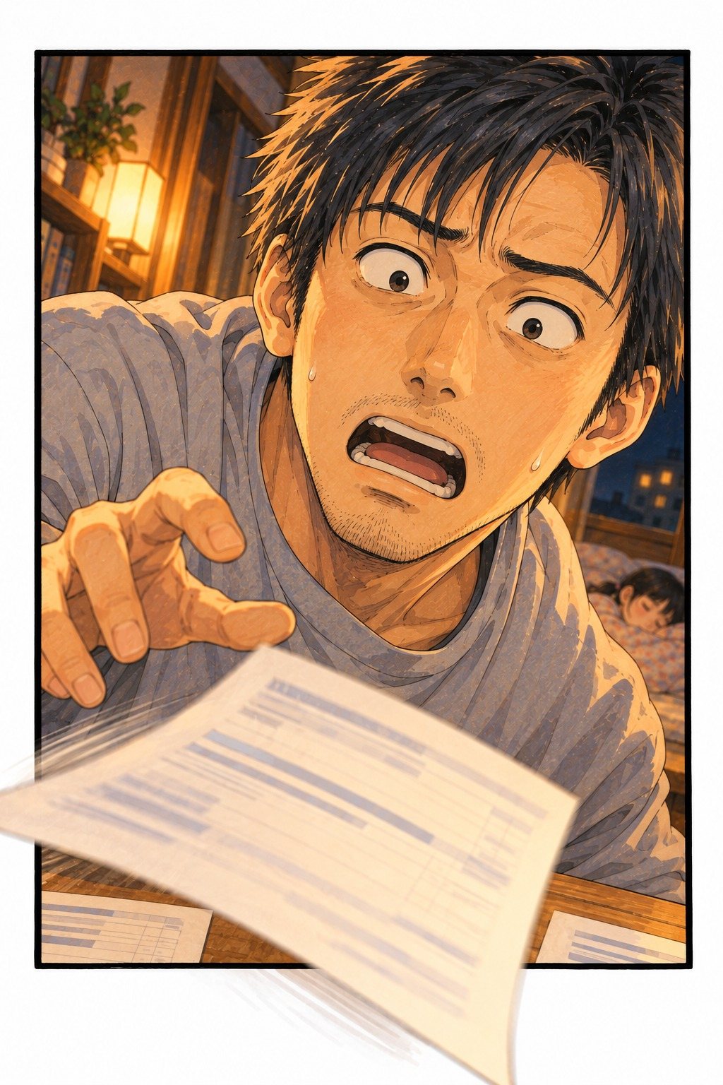夜の2DKの部屋。見積書を見比べていた30代の男性が、目を見開いて口を開け、手前へすべり出す1枚に手を伸ばす。奥のふとんで、小学生の女の子が眠っている。