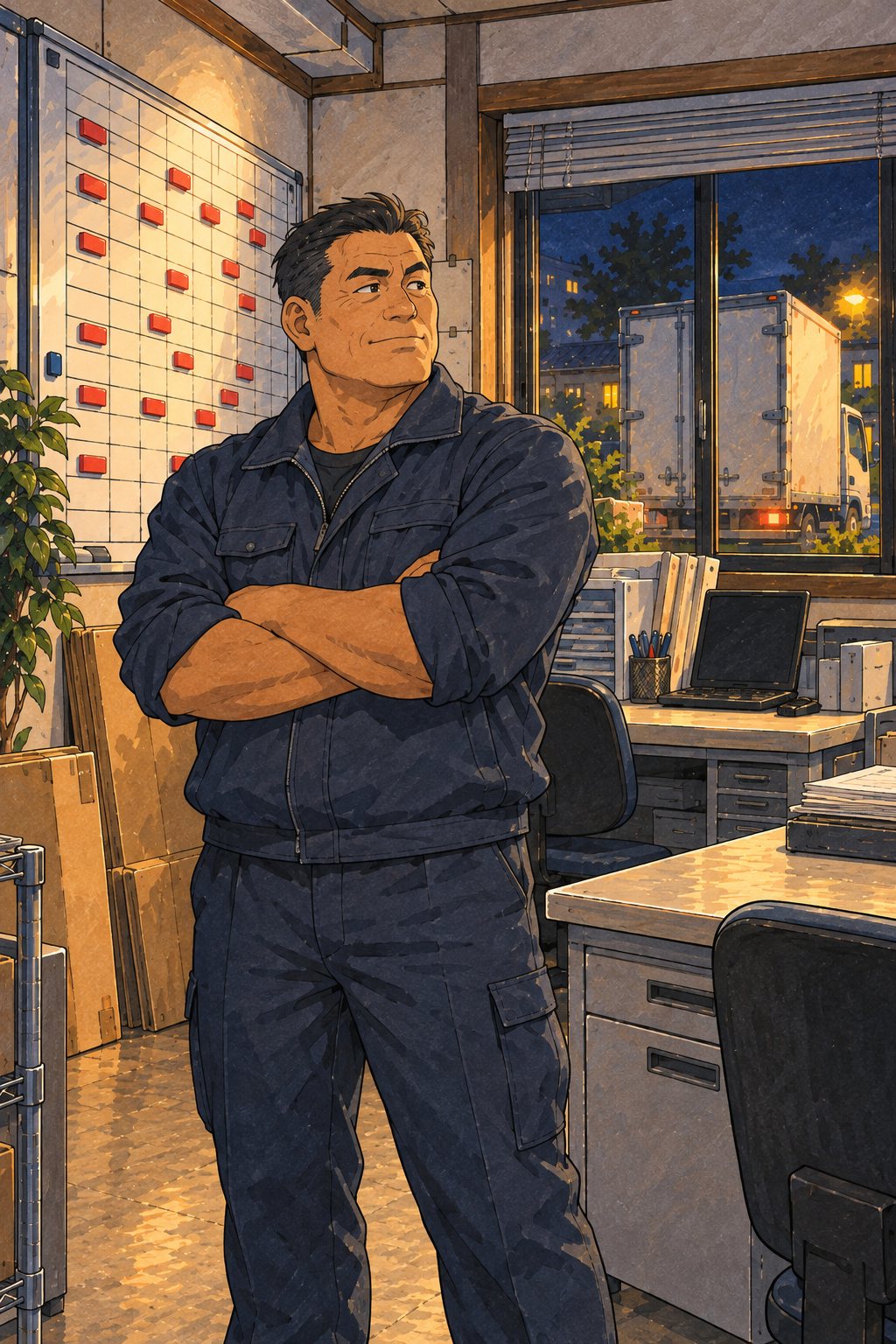 夜の引越しの会社の事務所。腕を組んでトラックの予定の表の前に立つ、日焼けした50代の社長。