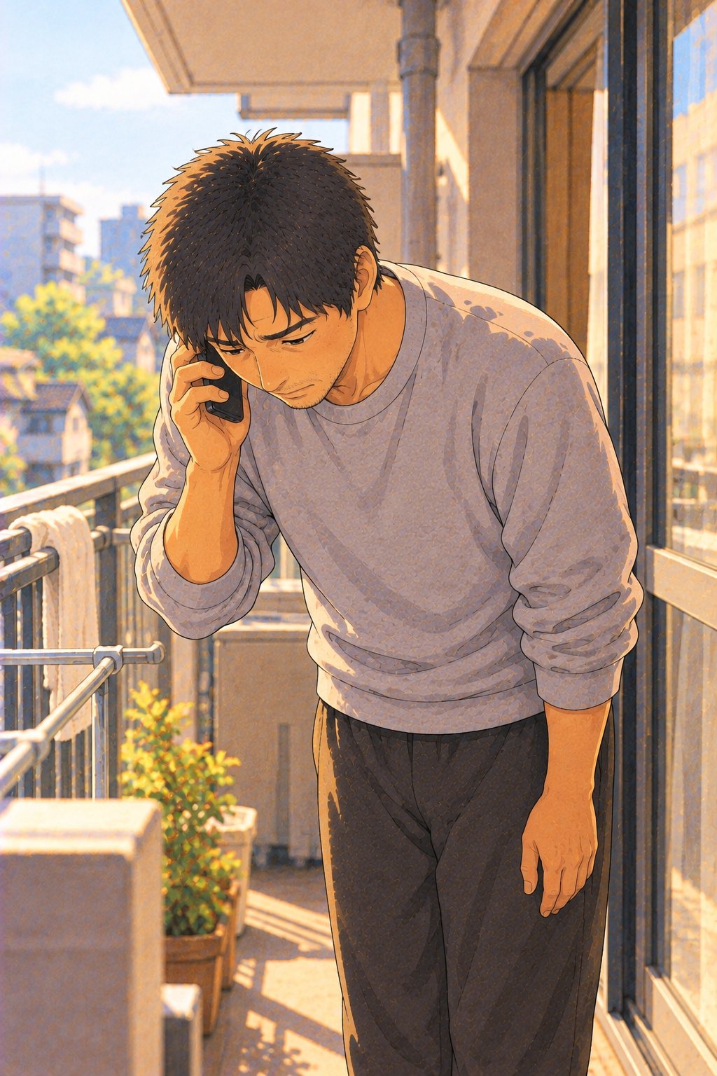朝のアパートのベランダ。スマホを耳に当て、申し訳なさそうに頭を下げる30代の男性。