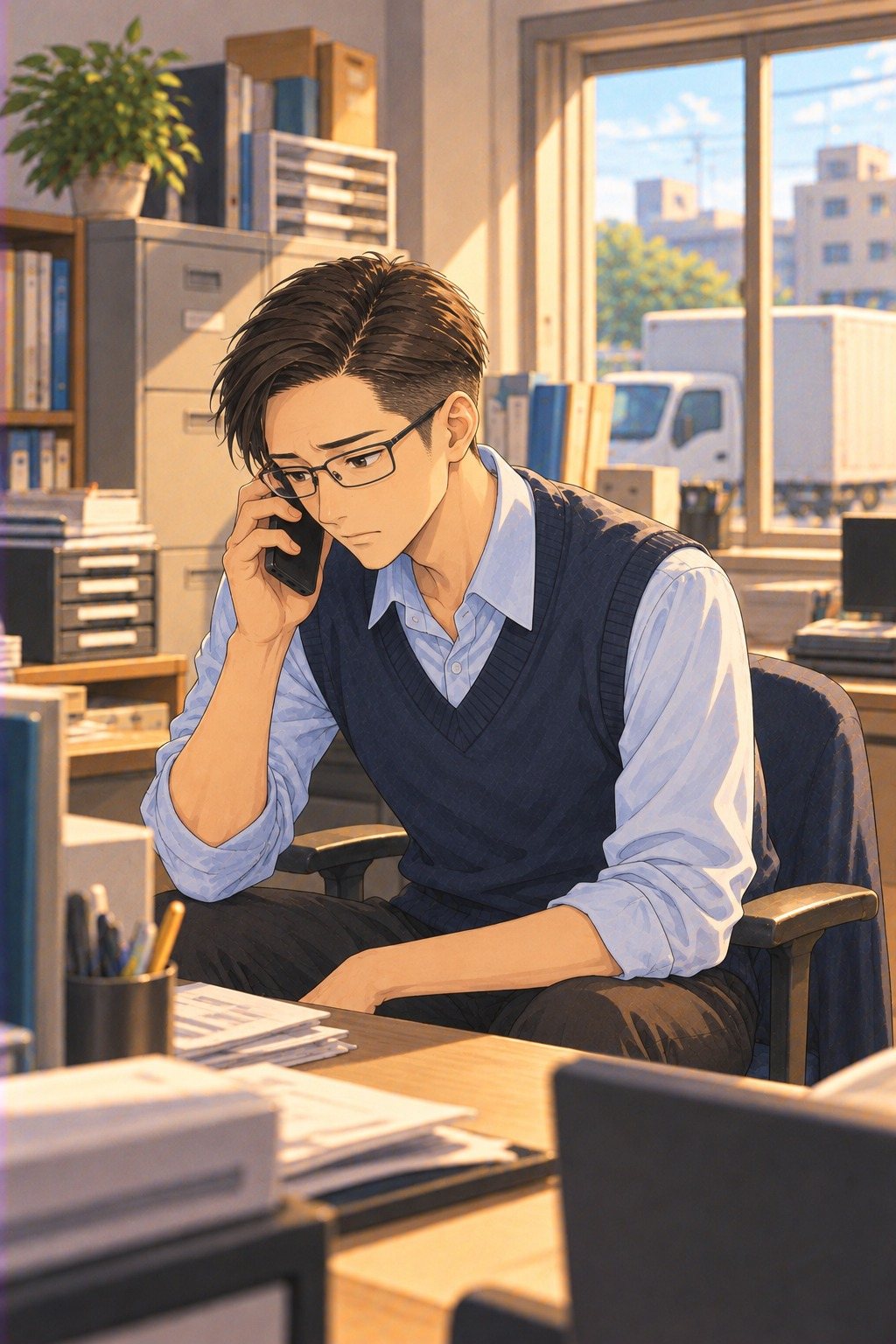 朝の別の引越しの会社の事務所。机でスマホを耳に当て、うつむく20代の男性の営業。