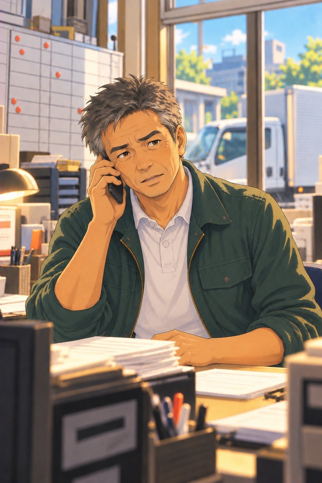 昼の事務所の机で、スマホを耳に当て、困ったように眉を下げて話す40代の男性の営業。