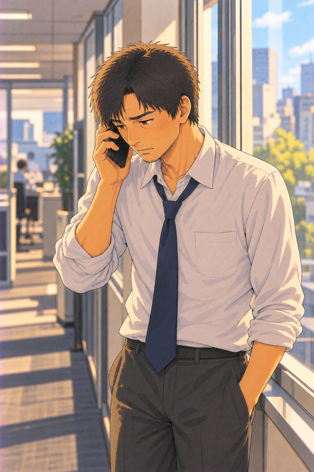会社の廊下の窓ぎわで、スマホを耳に当て、うつむいて考えこむネクタイ姿の30代の男性。