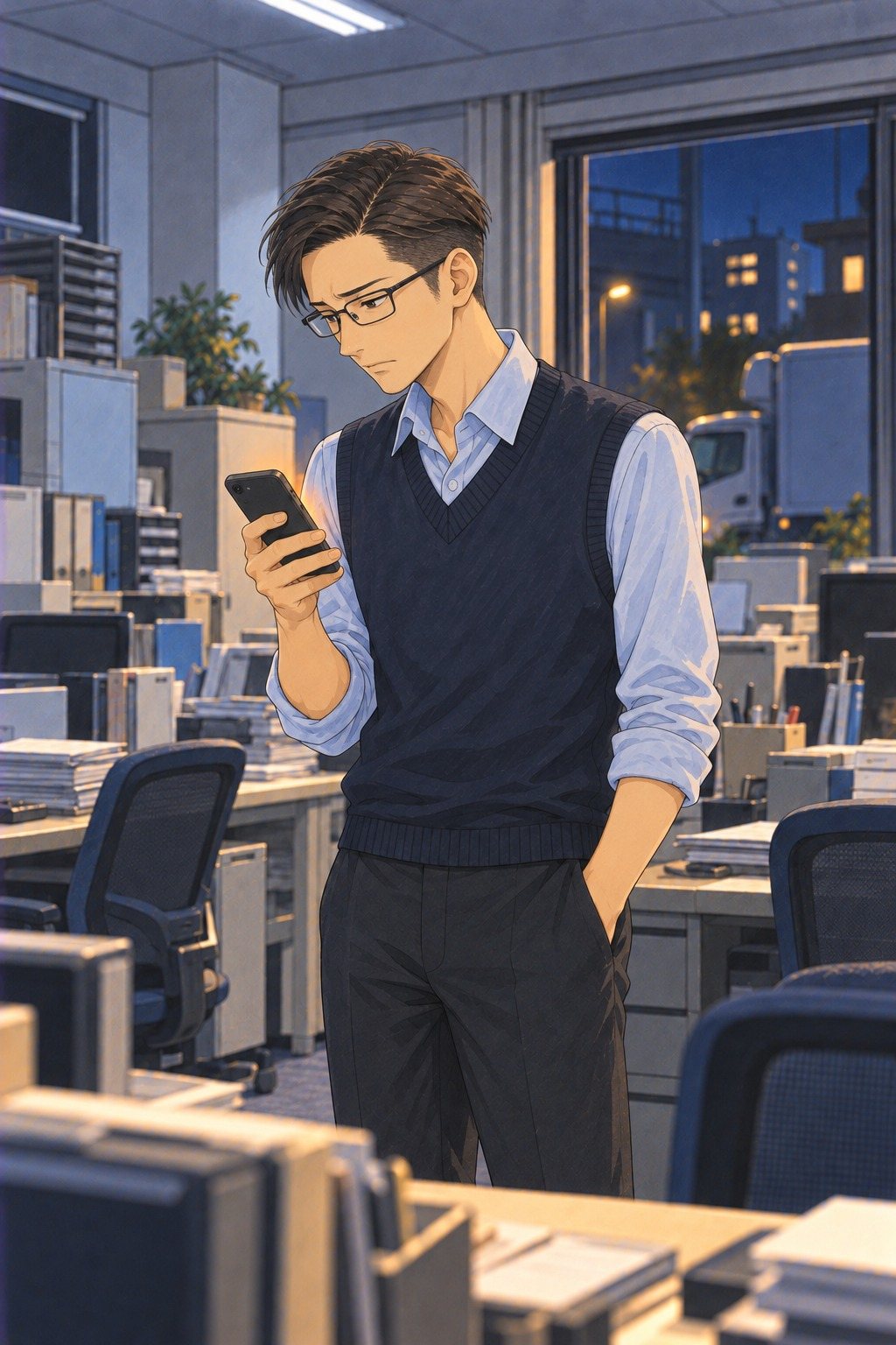 夜の別の引越しの会社の事務所。誰もいない机の間に立ち、片手をポケットに入れて、スマホの画面を見つめる20代の男性の営業。