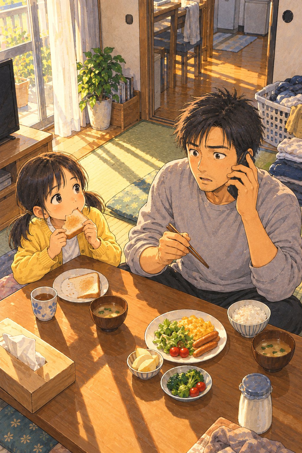 土曜の朝の食卓。箸を持ったまま、スマホを耳に当てて固まる30代の男性。隣で、トーストをかじりながら父を見上げる小学生の女の子。奥の部屋に、たたんでいない洗濯物の山。