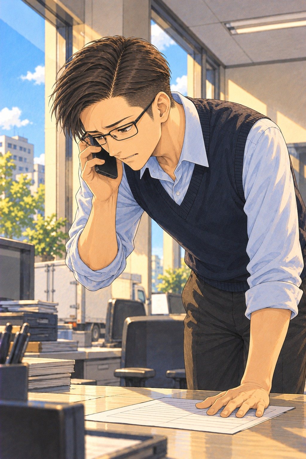 朝の別の引越しの会社の事務所。窓ぎわで、スマホを耳に当て、机の見積書に片手をついて頭を下げる20代の男性の営業。見積書は、しわを伸ばした1枚。