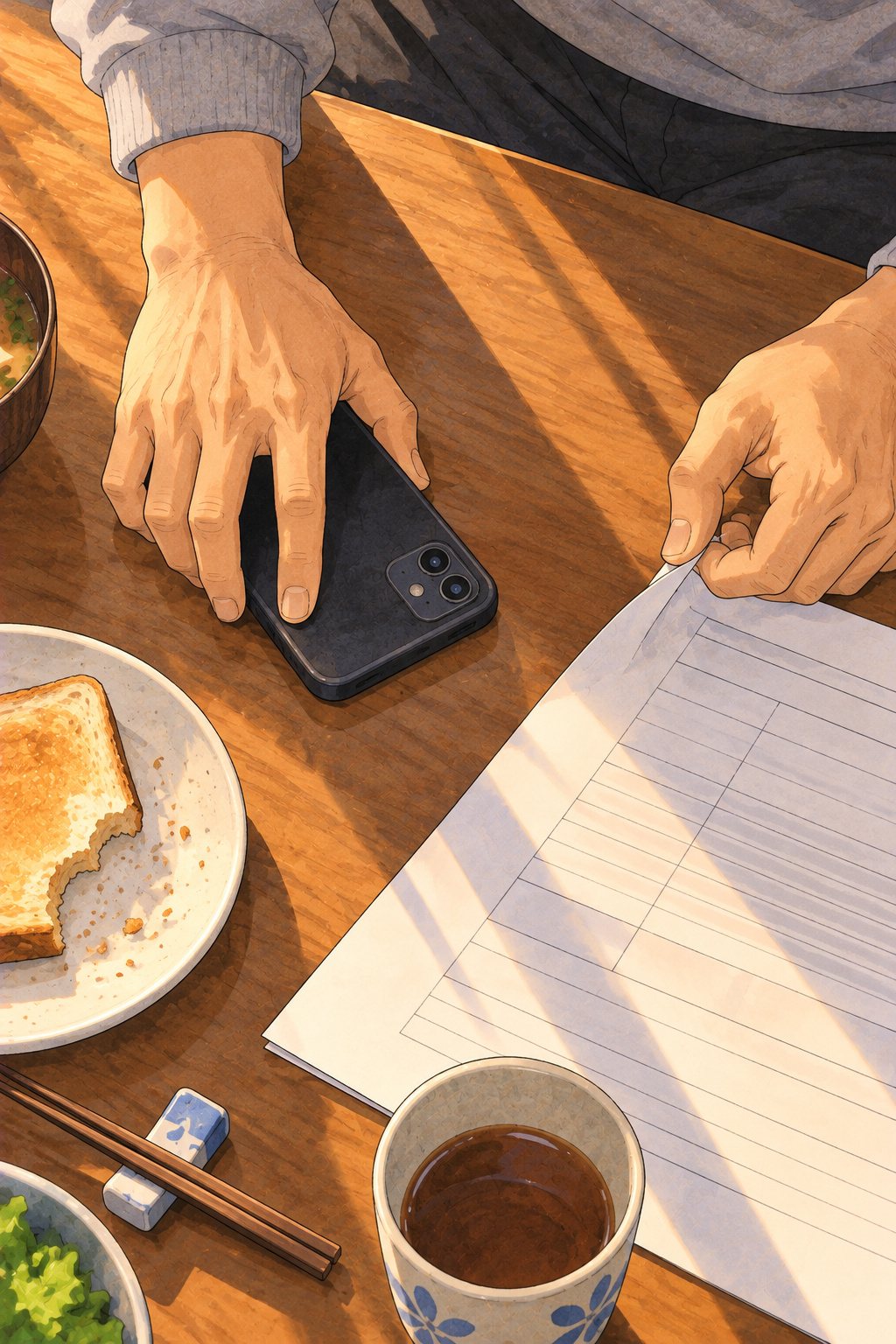 食卓の寄り。通話を切ったスマホを伏せる男性の手。指が、横に置いた見積書の控えの端をつまんだまま止まっている（紙の字は読めない）。
