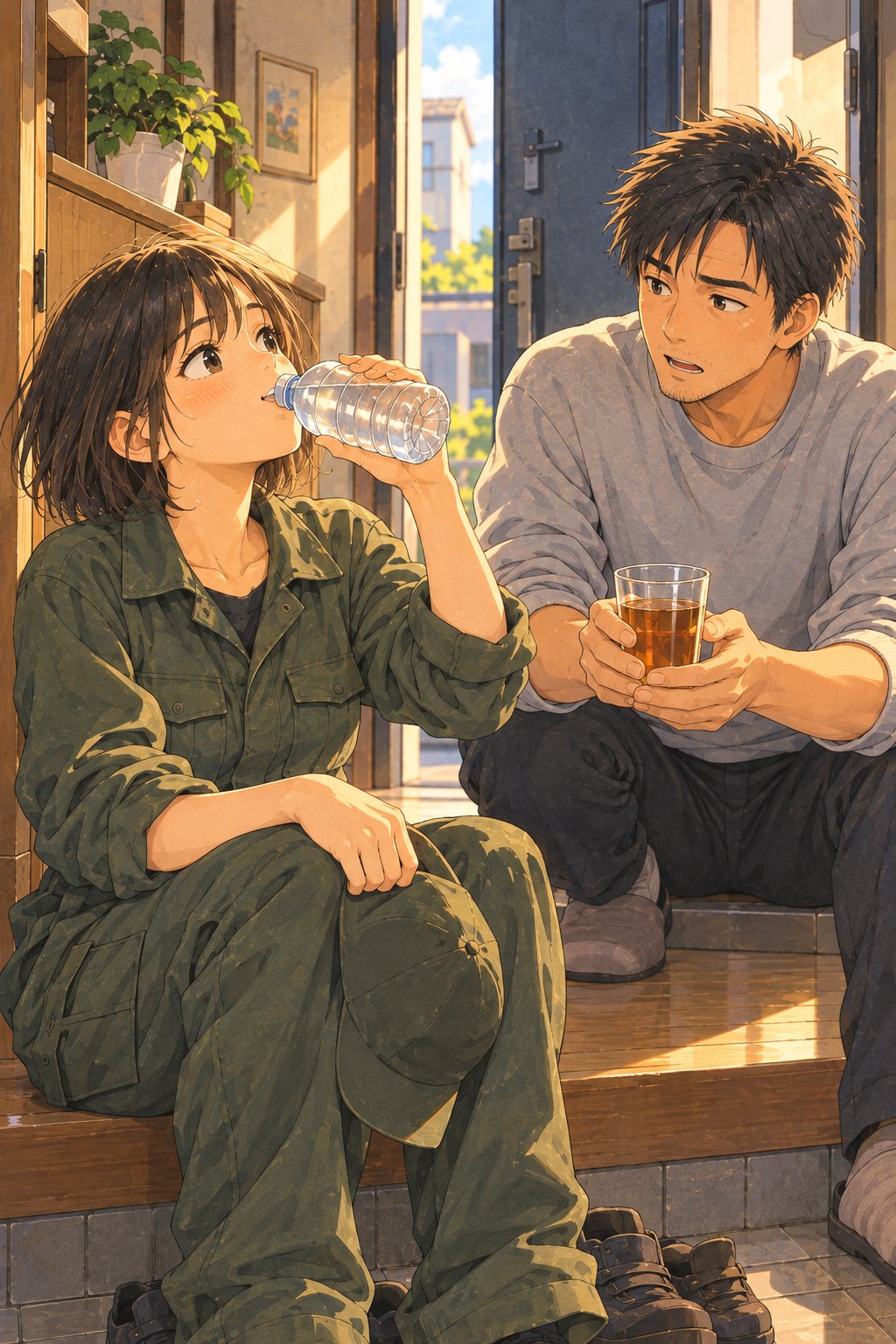 玄関の上がりかまちに腰を下ろし、ペットボトルの水を飲む20代の女性の現場の班長。帽子を膝に置いている。右に並んで腰を下ろした30代の男性が、麦茶のコップを両手で持ち、言いにくそうに口を開く。