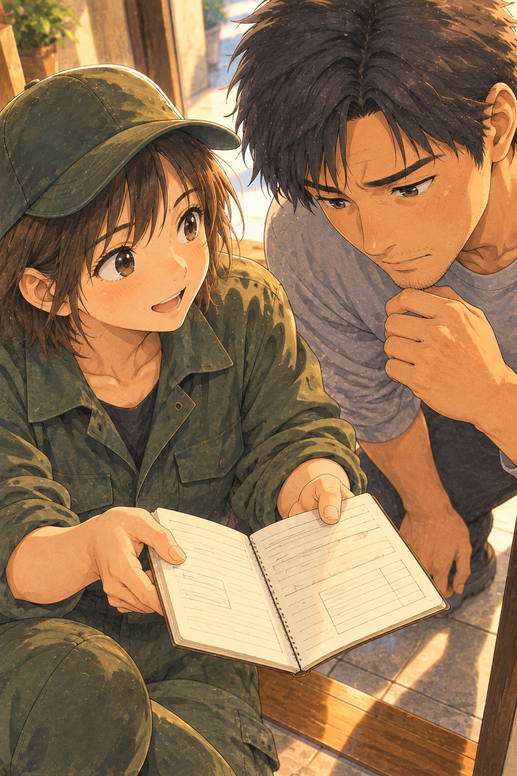 玄関の上がりかまち。小さな手帳を開いて、30代の男性の方へ向けて見せる20代の女性の現場の班長の寄り(手帳の字は読めない)。男性が身をかがめて、肩ごしにのぞきこむ。