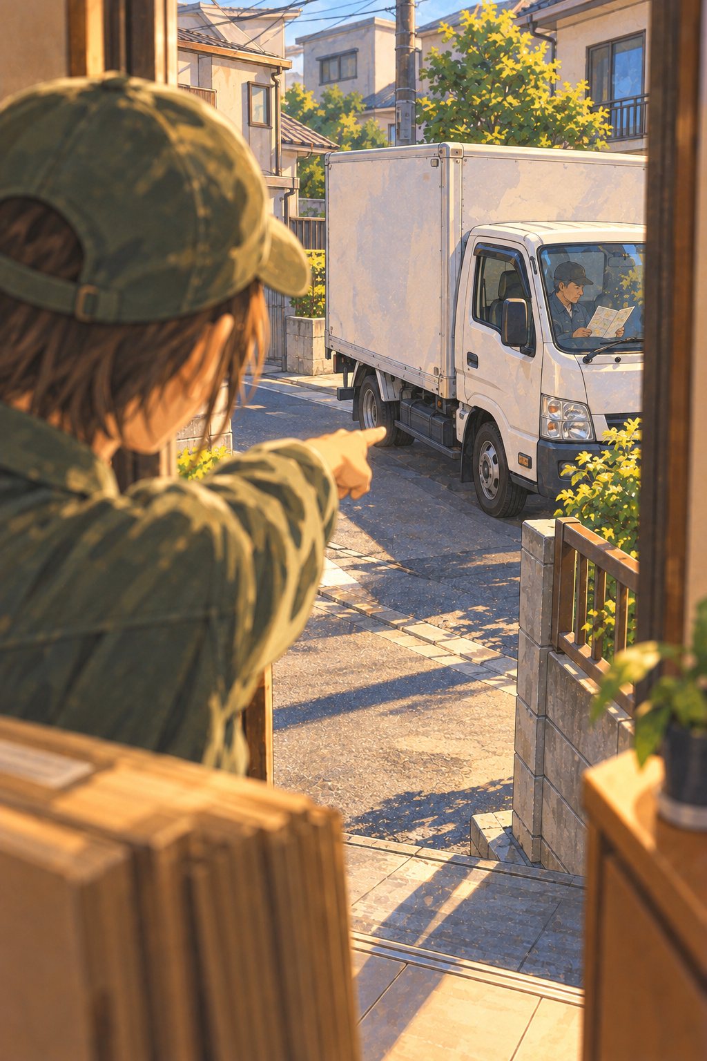 アパートの前の道。手前に、玄関から身を乗り出して外を指さす20代の女性の現場の班長の腕と肩。その先に、会社の名前の無い白い2トンのトラックが止まり、運転席で年配の運転手が地図を見ている。