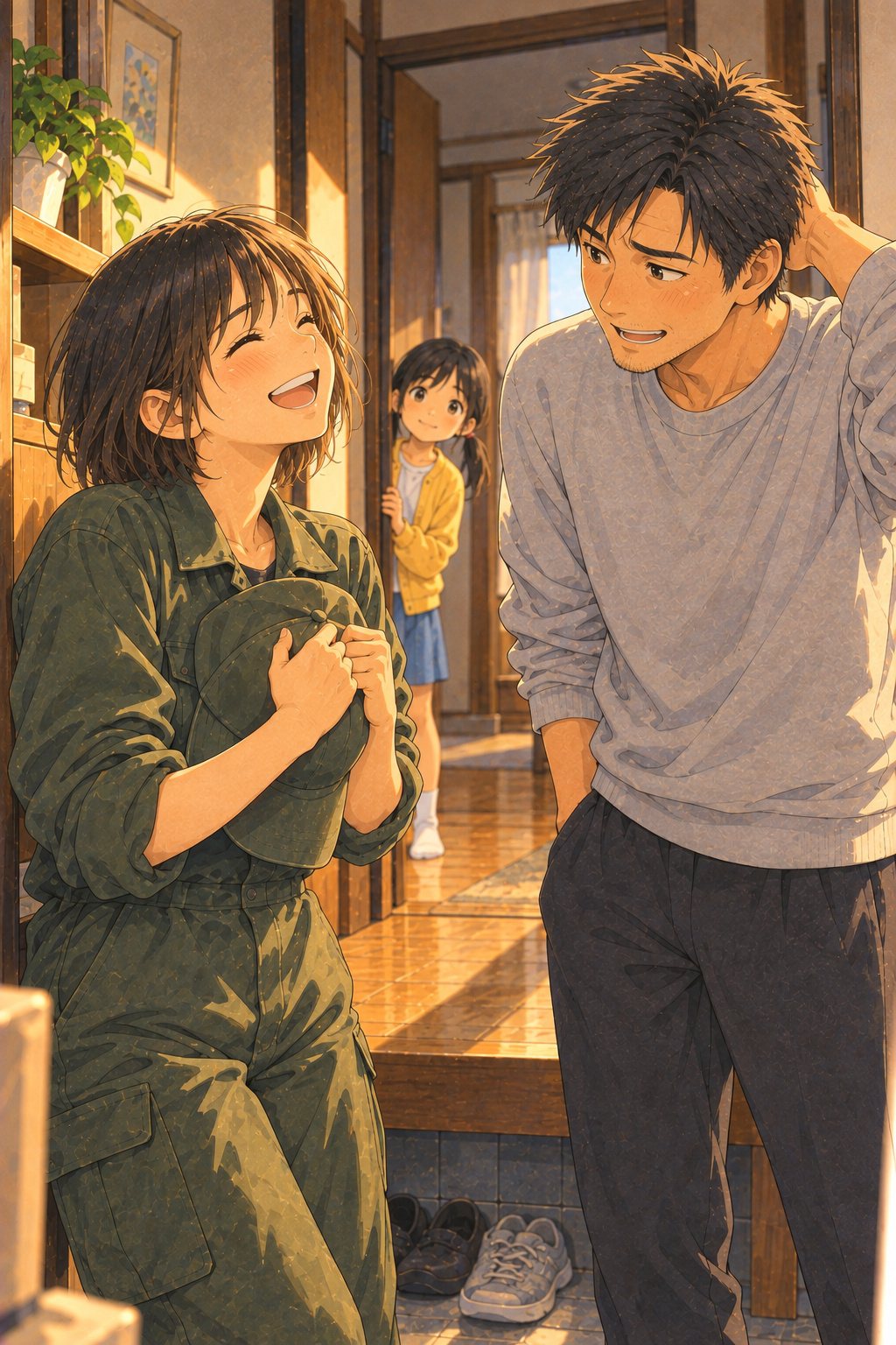 玄関。上がりかまちで帽子を胸に当てて笑う20代の女性の現場の班長と、頭をかいて苦笑いする30代の男性。奥の部屋の戸口から、小学生の女の子がのぞいている。
