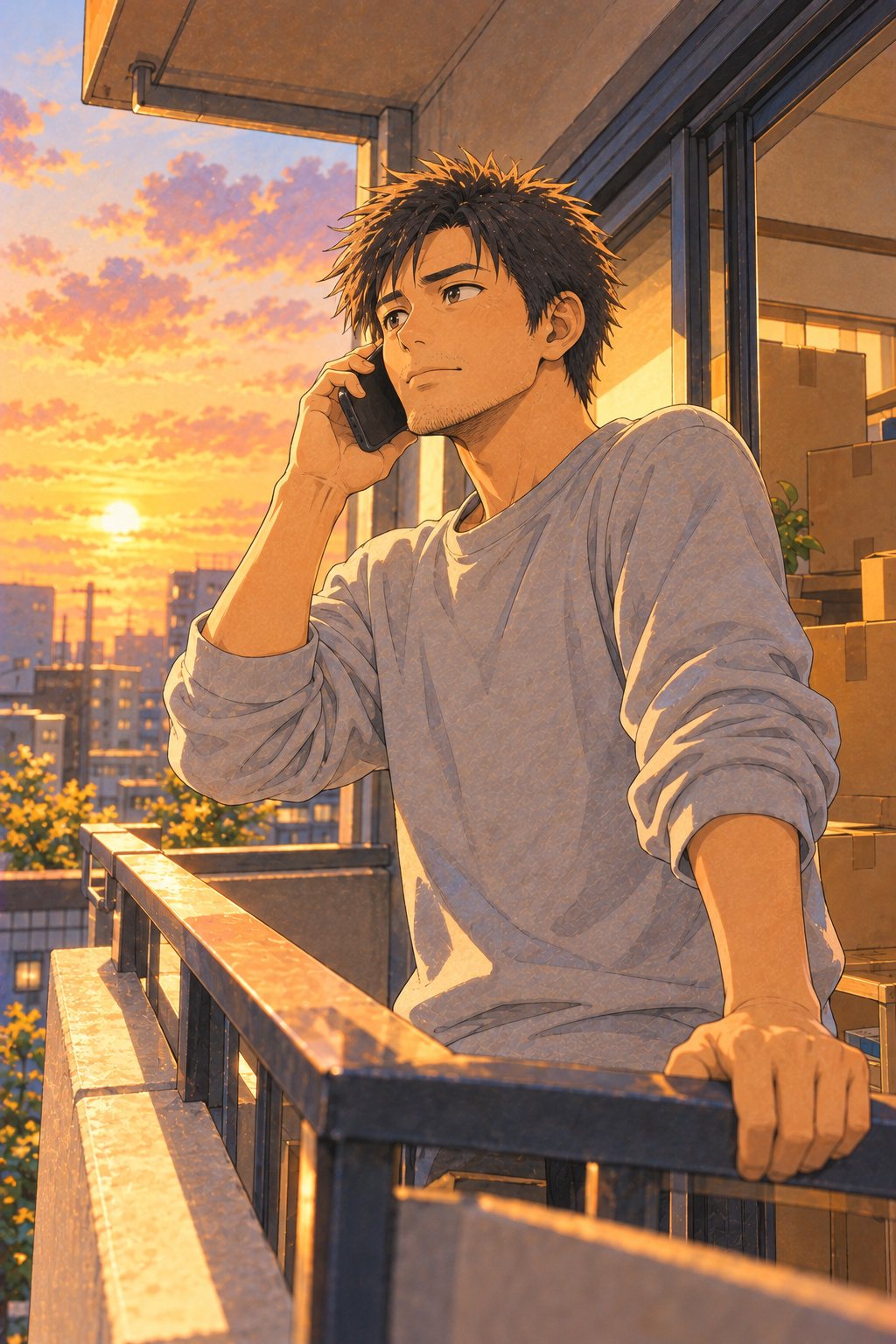 夕方のアパートのベランダ。積んだ段ボールを背に、スマホを耳に当てて、まっすぐ前を見て話す30代の男性。