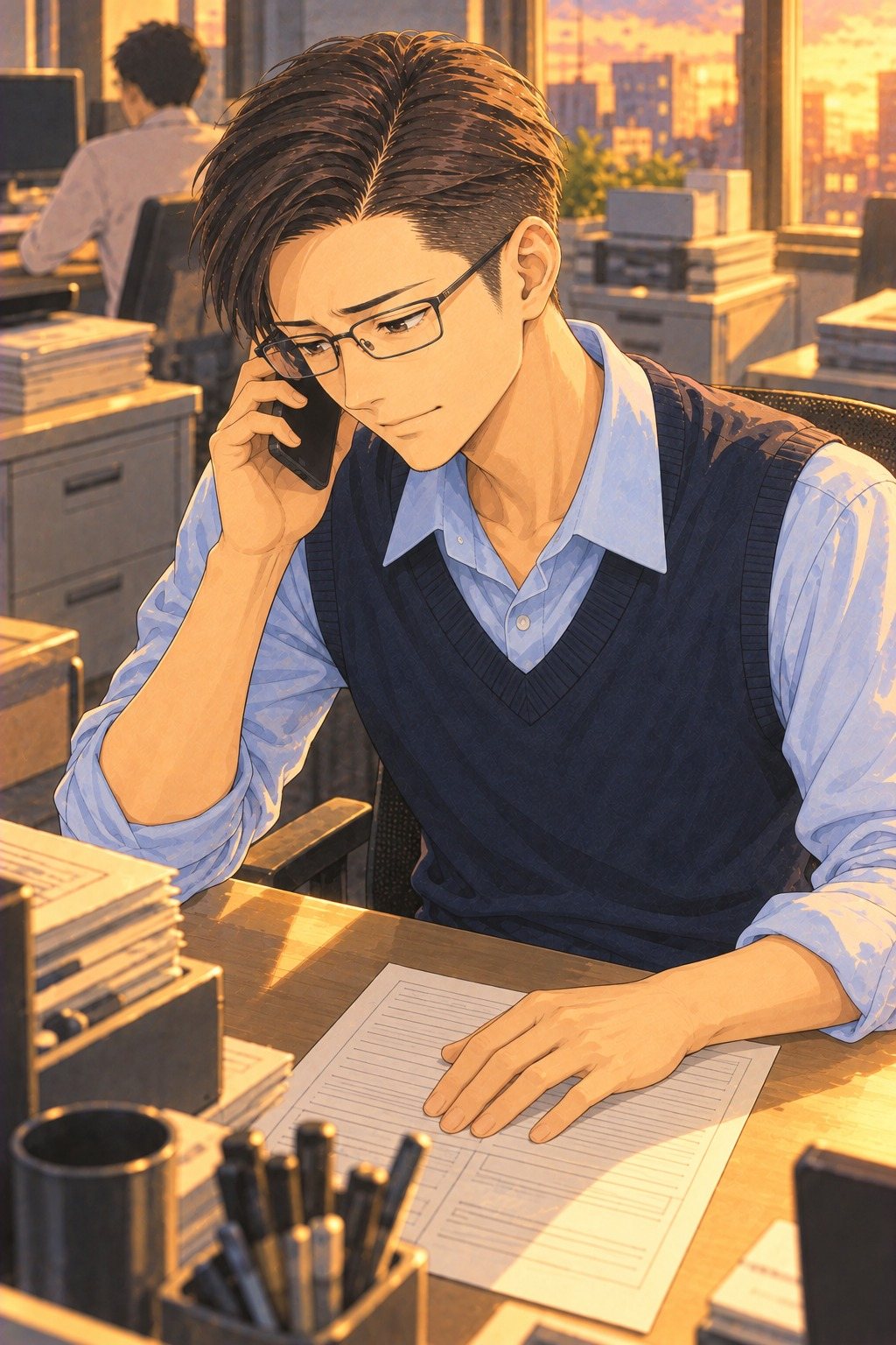 同じ時刻。別の引越しの会社の事務所。しわを伸ばした見積書に片手を置いて、スマホを耳に当てたまま目を伏せる20代の男性の営業。