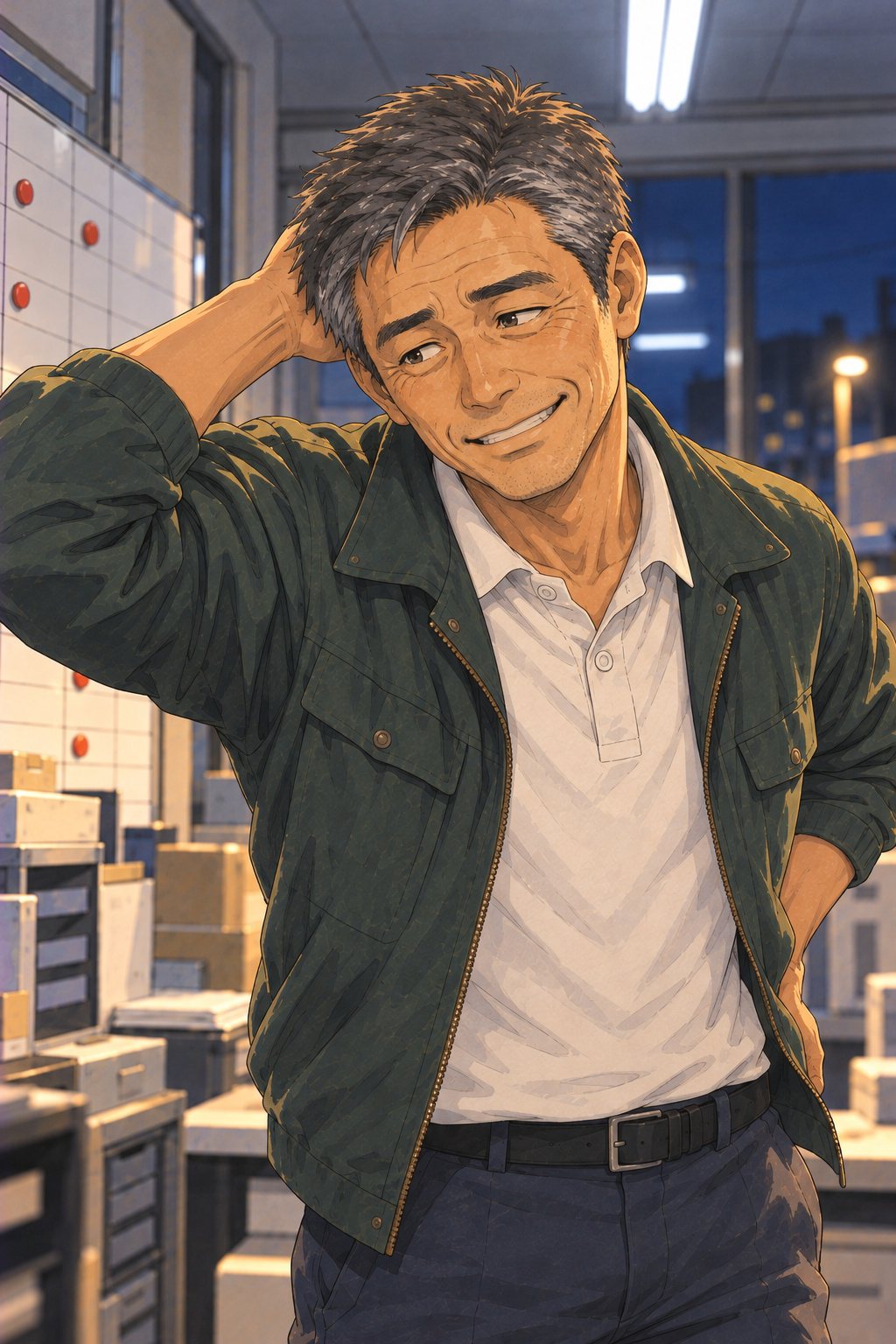 同じ時。片手で頭の後ろをかき、もう片方の手を腰に当てて、ばつが悪そうに笑う40代の男性の営業。