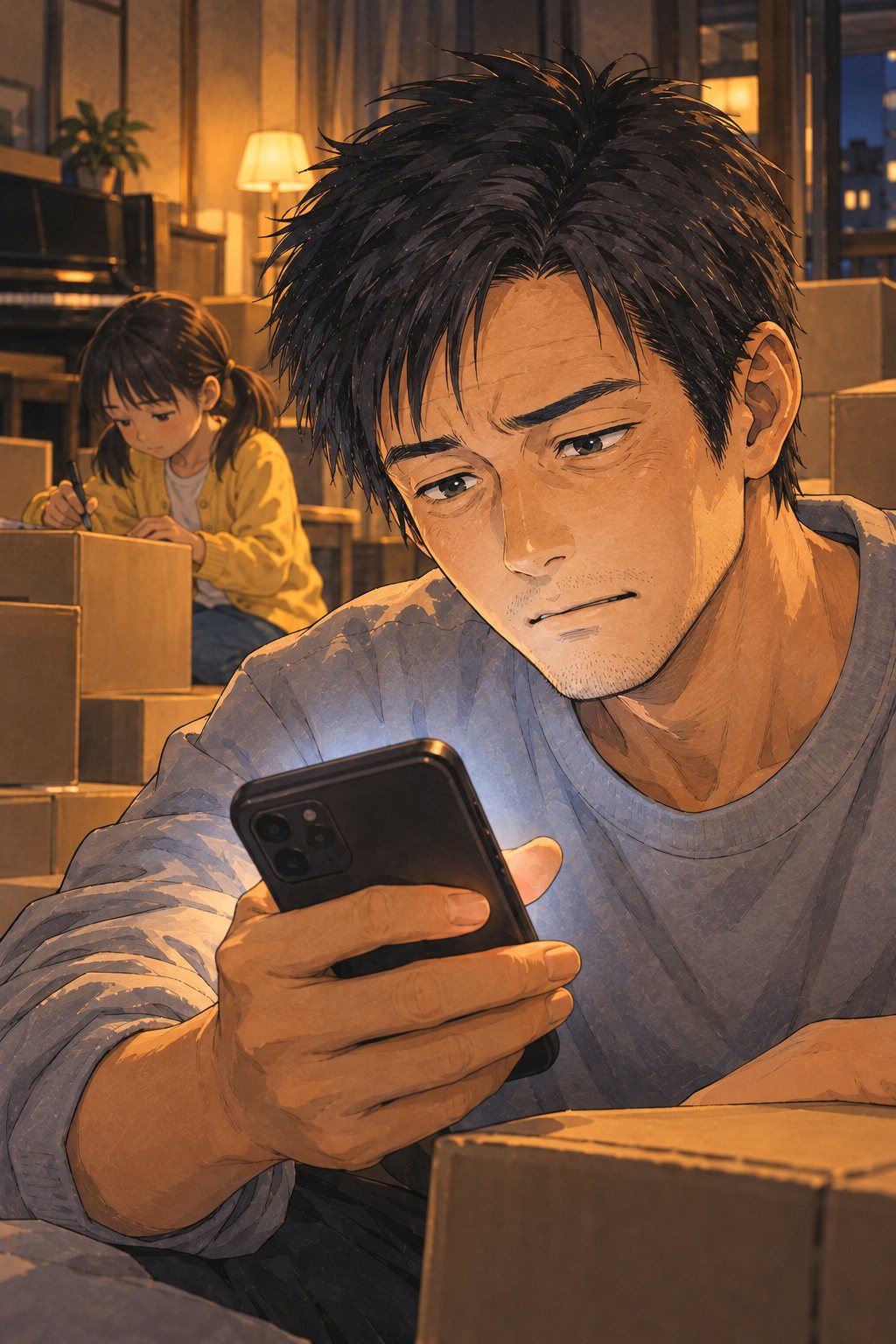 夜の2DKの部屋。組み立てた段ボールの間に座りこみ、スマホの画面を見つめる30代の男性の寄り。画面の光が顔を下から照らす。奥で、小学生の女の子が段ボールに名前を書いている。