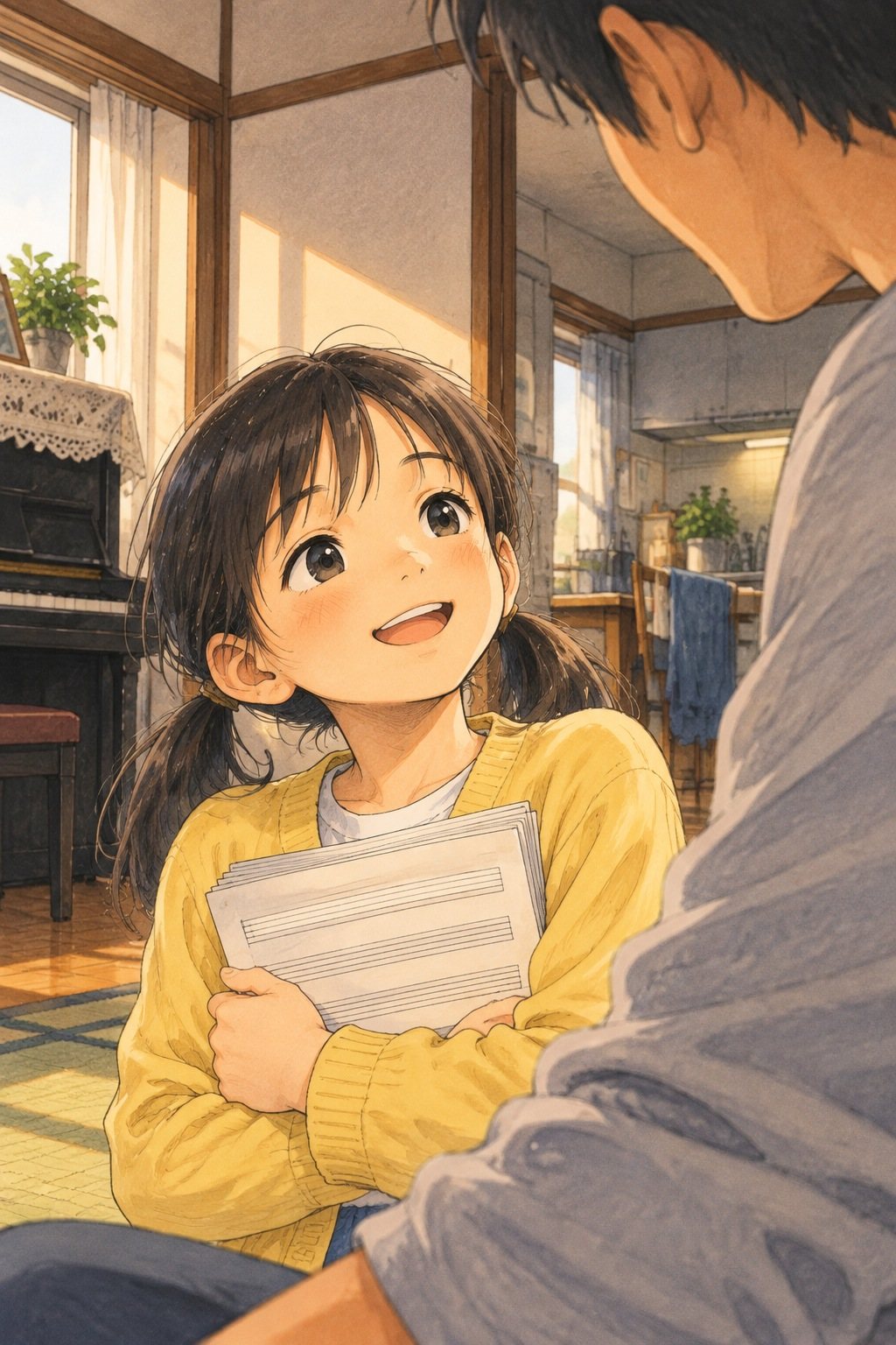小学生の女の子を少し下から。ピアノの楽譜を胸に抱えて、明るい顔で父を見上げる。右の手前に父の頭と肩。窓の朝の光。