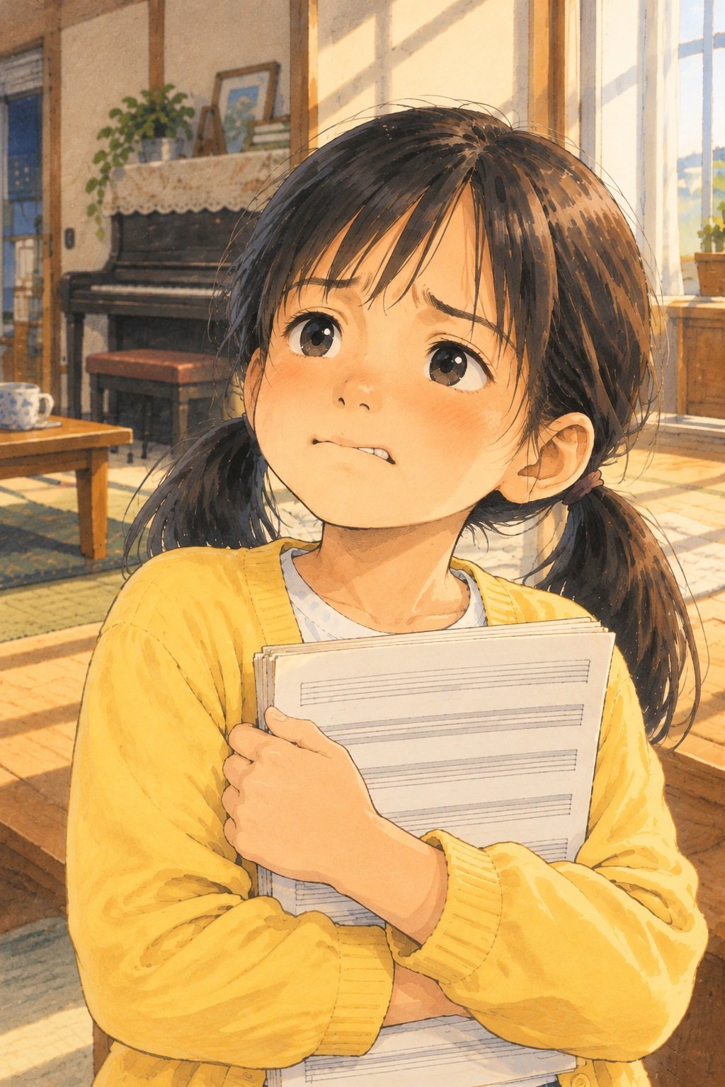 小学生の女の子の寄り。ピアノの楽譜(音符は読めない線)を胸に抱えて、唇を結び、上目づかいに父を見る。低い2つ結び。窓の朝の光。目の高さ。
