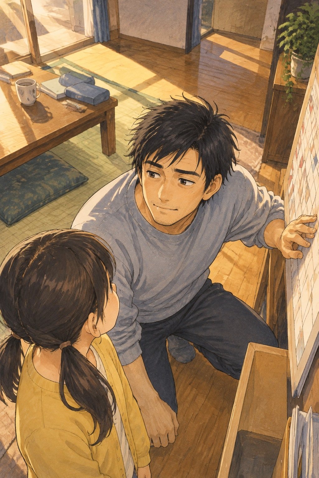 少し上から。しゃがんだ父が、手前の娘と目を合わせ、壁のカレンダーに手を置く。娘は後ろ姿。窓の朝の光。