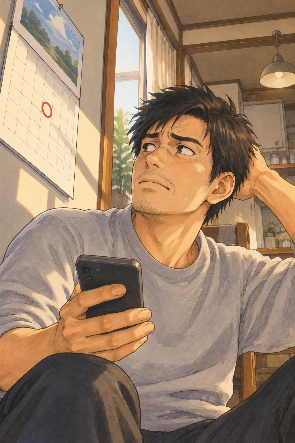30代の男性の寄り。スマホを持ったまま眉を寄せ、片手で後ろ頭をかく。後ろの壁のカレンダーに、3月30日の赤い丸。少し下から。