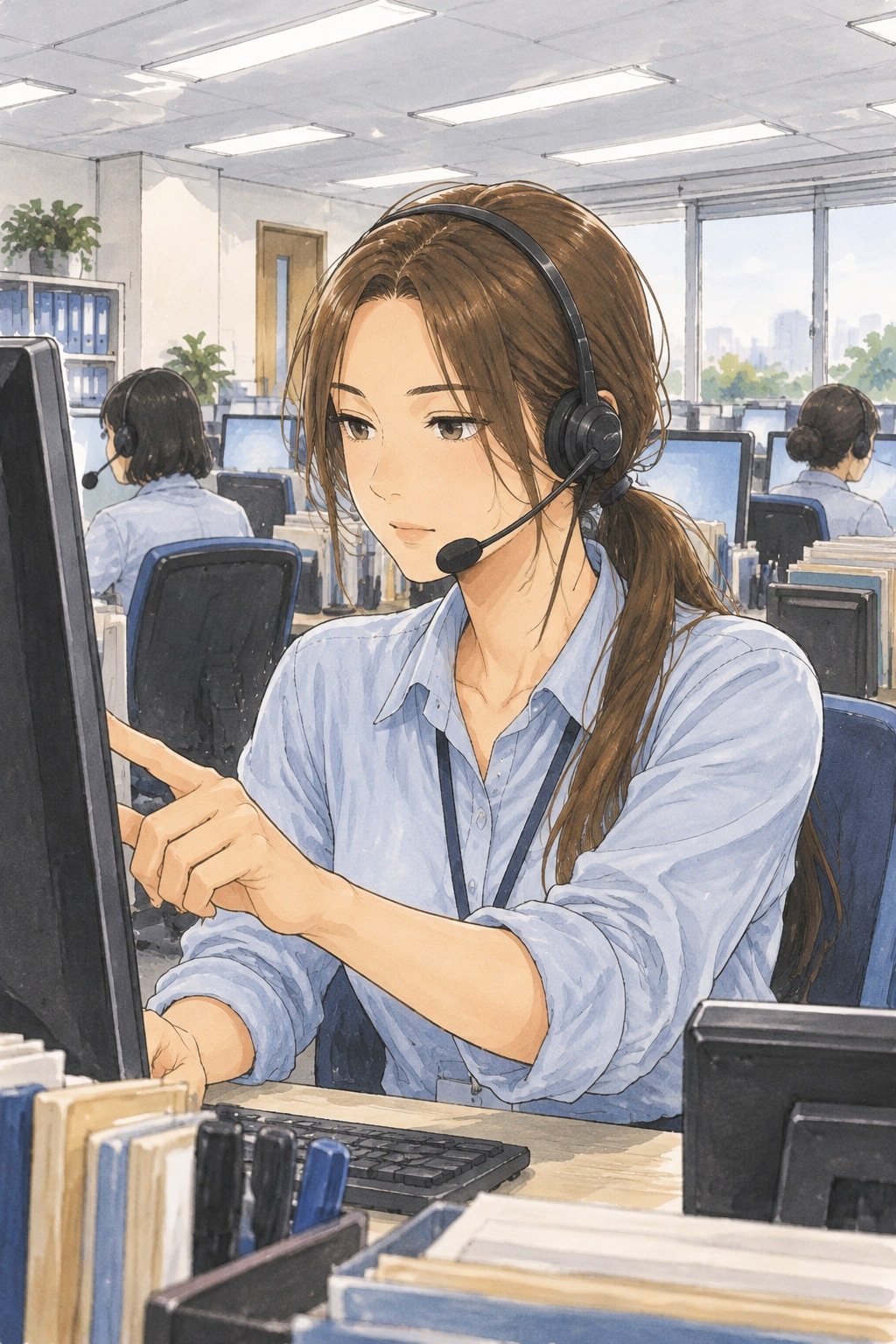 同じ時、白い蛍光灯の窓口の部屋。長い髪を低く結んだ女性が、ヘッドセットで話しながら、左の画面を指でさす（字は読めない）。奥に別の職員の後ろ姿。