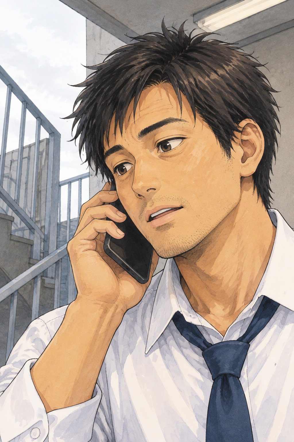 30代の男性の寄り。スマホを耳に、階段の外の光のほうへ目をやる。白いワイシャツに紺のネクタイ。曇りの白い光。