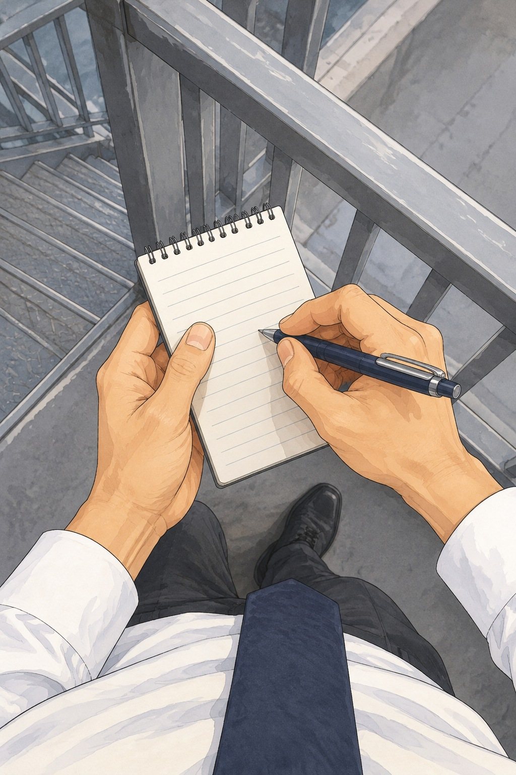 男性の目から見下ろす手元。非常階段の手すりの上で、開いたメモ帳(罫線だけで字は読めない)にペンを当てる両手。下にネクタイと靴。曇りの白い光。